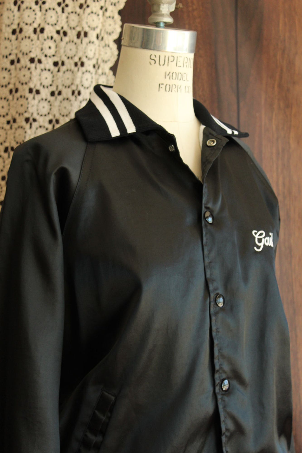 Vintage 1970s 1980s Unisex Black Satin Fishing Team Bomber Jacket