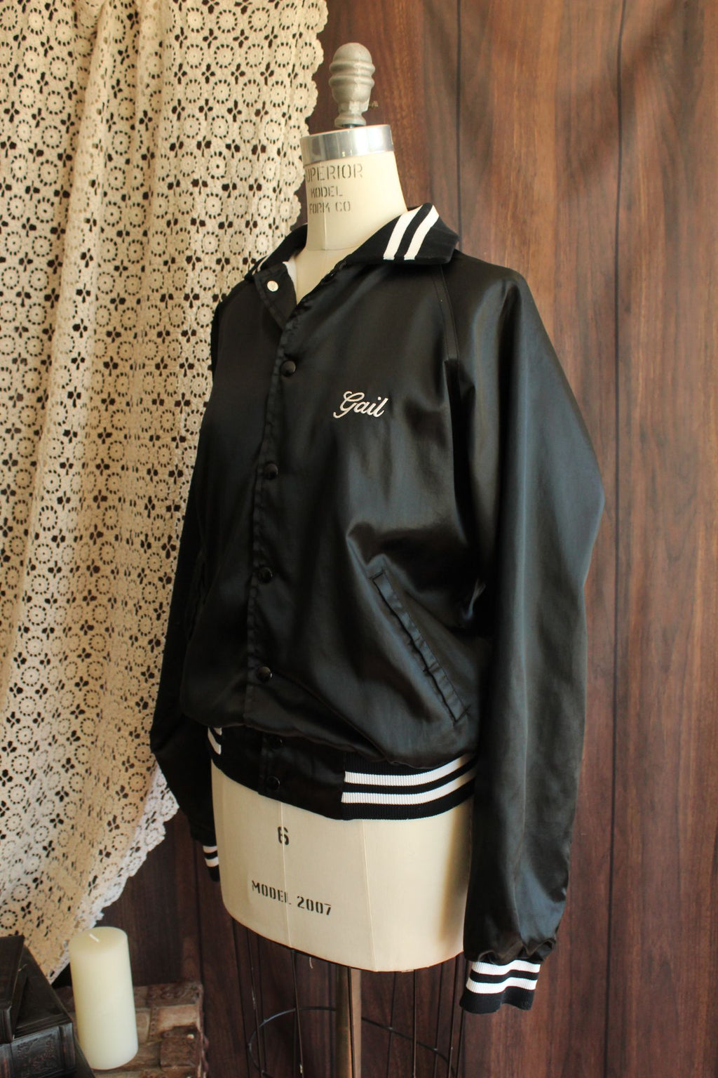Vintage 1970s 1980s Unisex Black Satin Fishing Team Bomber Jacket