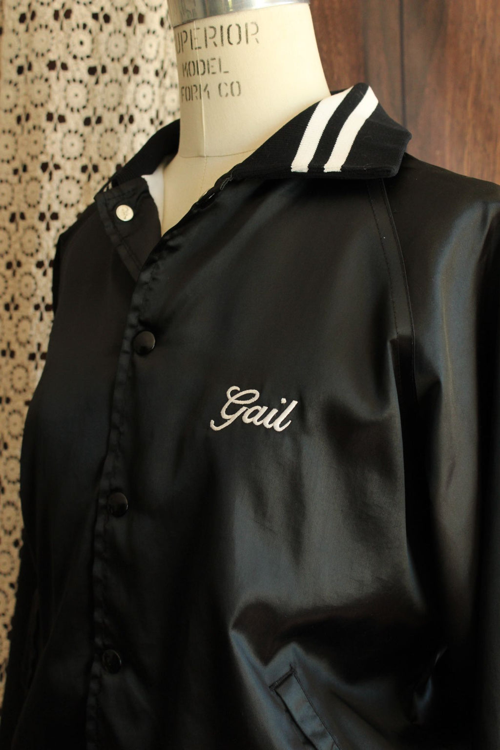 Vintage 1970s 1980s Unisex Black Satin Fishing Team Bomber Jacket