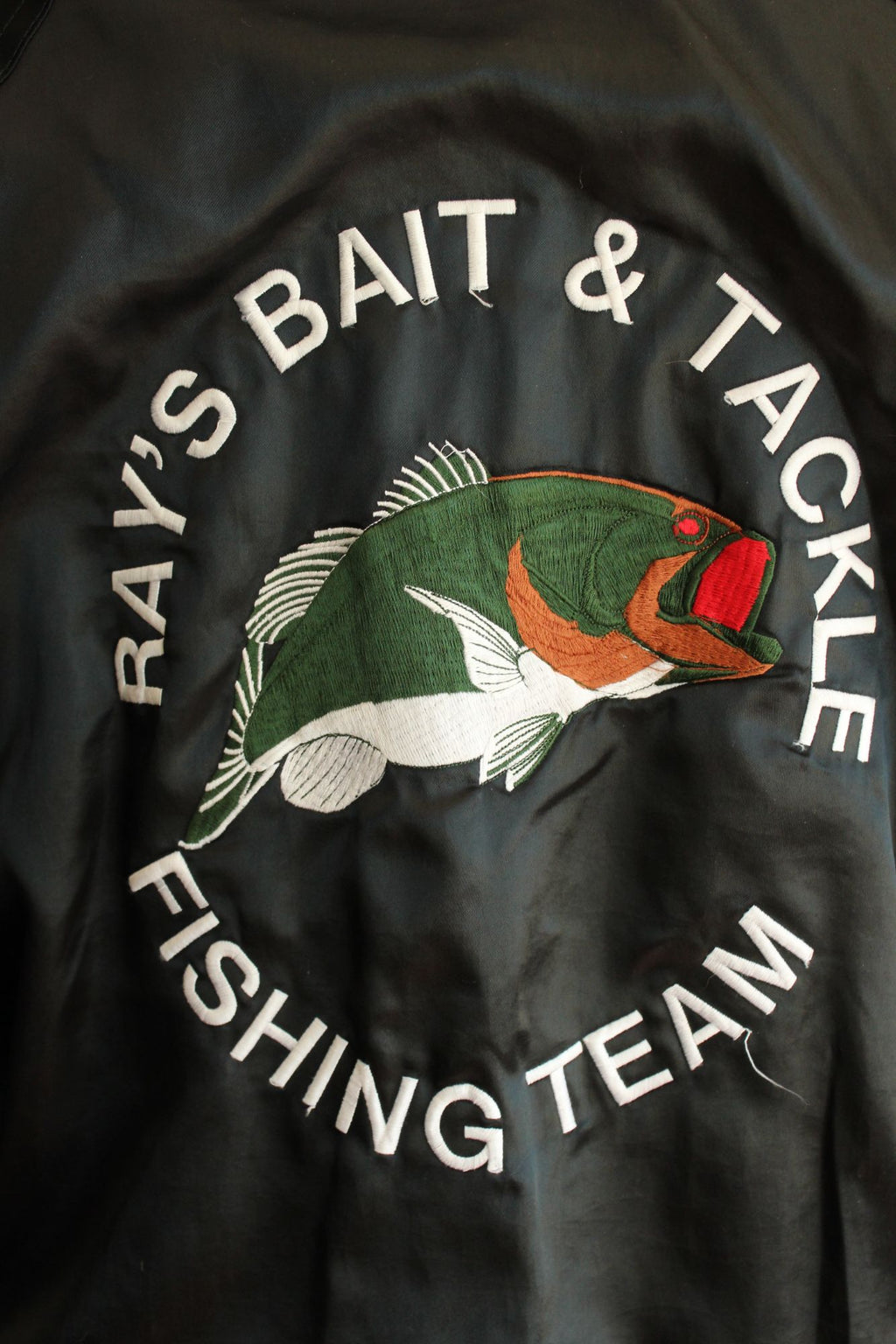 Vintage 1970s 1980s Unisex Black Satin Fishing Team Bomber Jacket