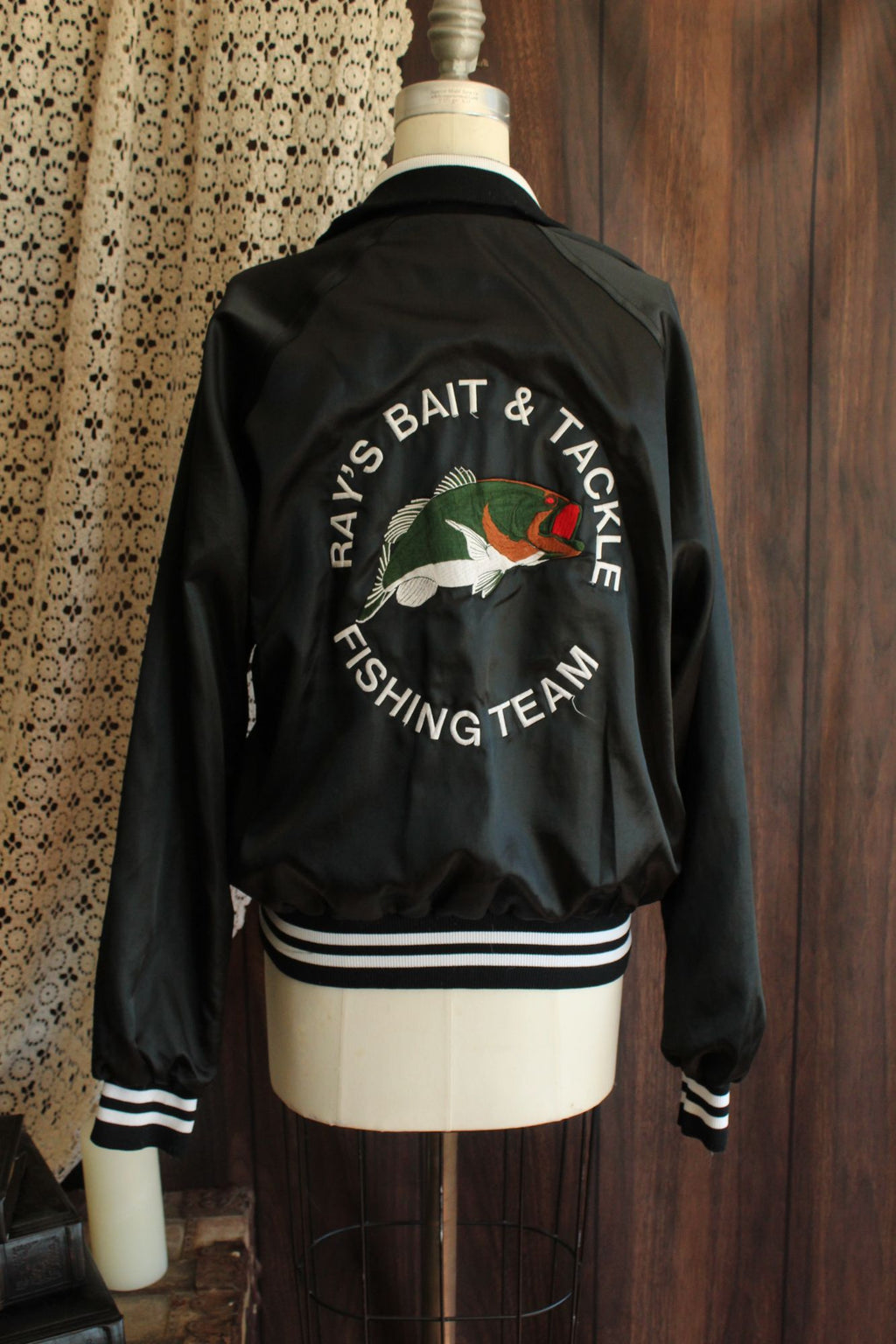 Vintage 1970s 1980s Unisex Black Satin Fishing Team Bomber Jacket