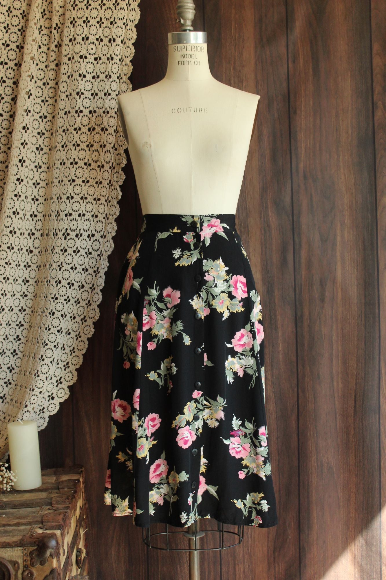 Vintage 1990s Michael Taylor Black Floral Print Skirt