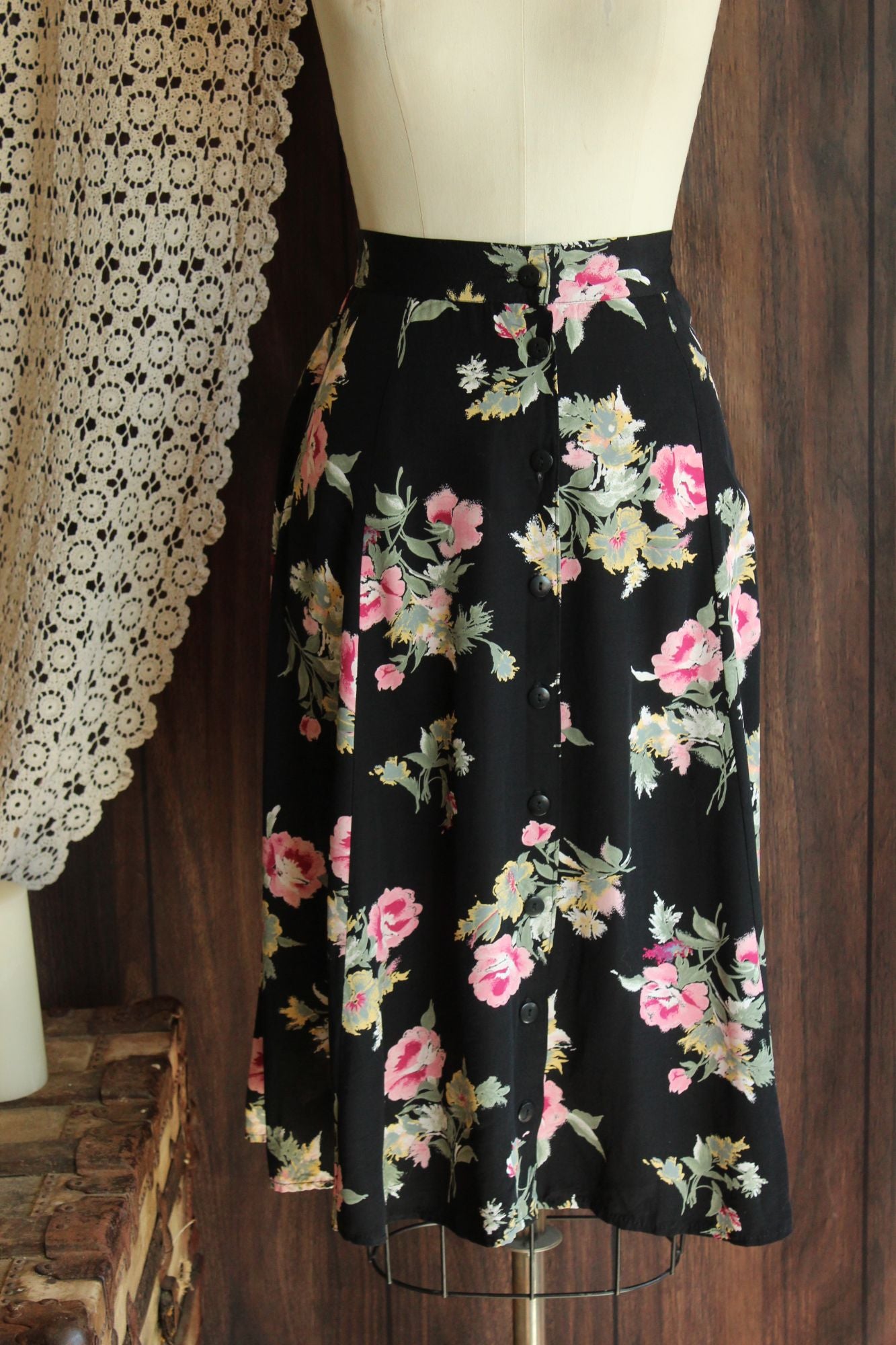 Vintage 1990s Michael Taylor Black Floral Print Skirt