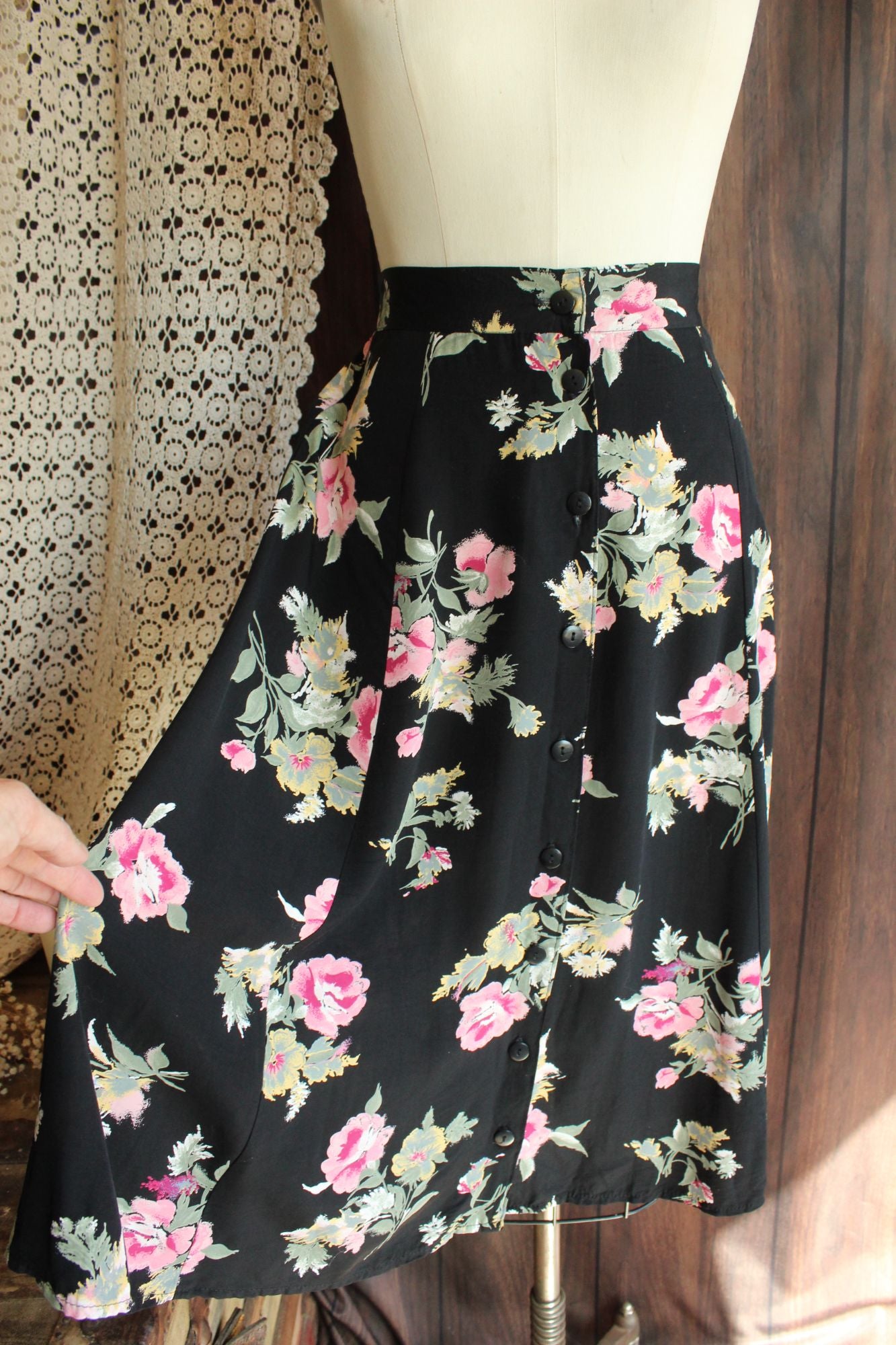 Vintage 1990s Michael Taylor Black Floral Print Skirt