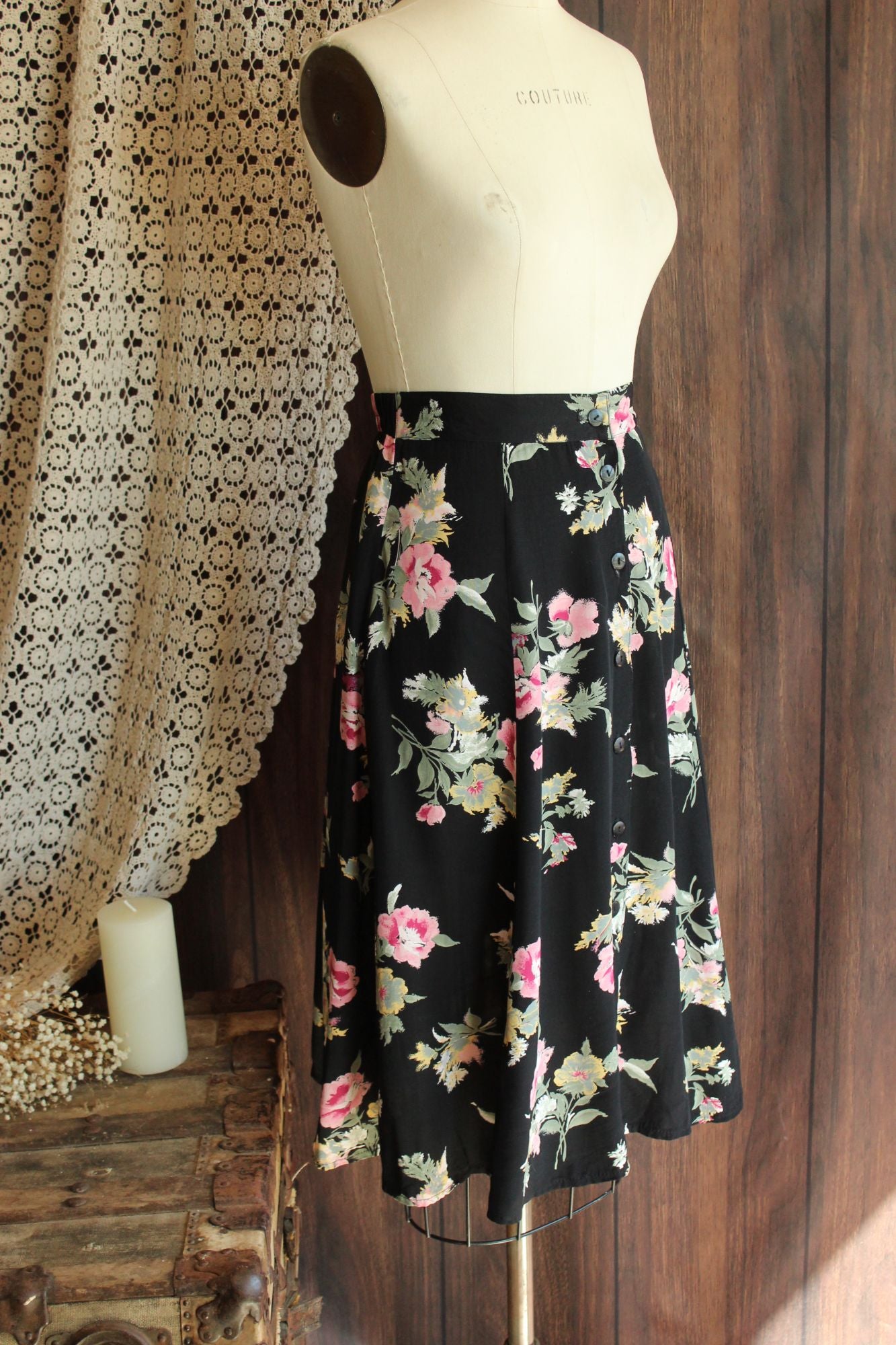 Vintage 1990s Michael Taylor Black Floral Print Skirt