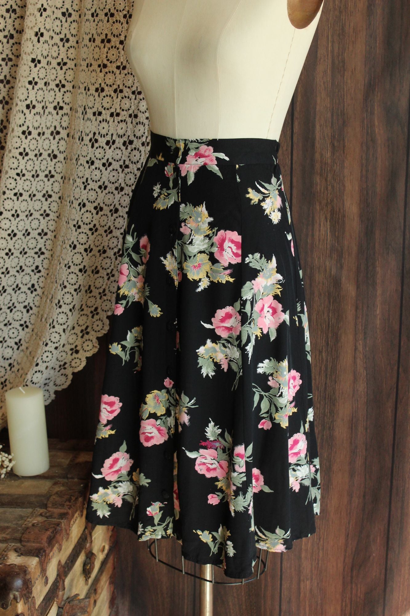 Vintage 1990s Michael Taylor Black Floral Print Skirt