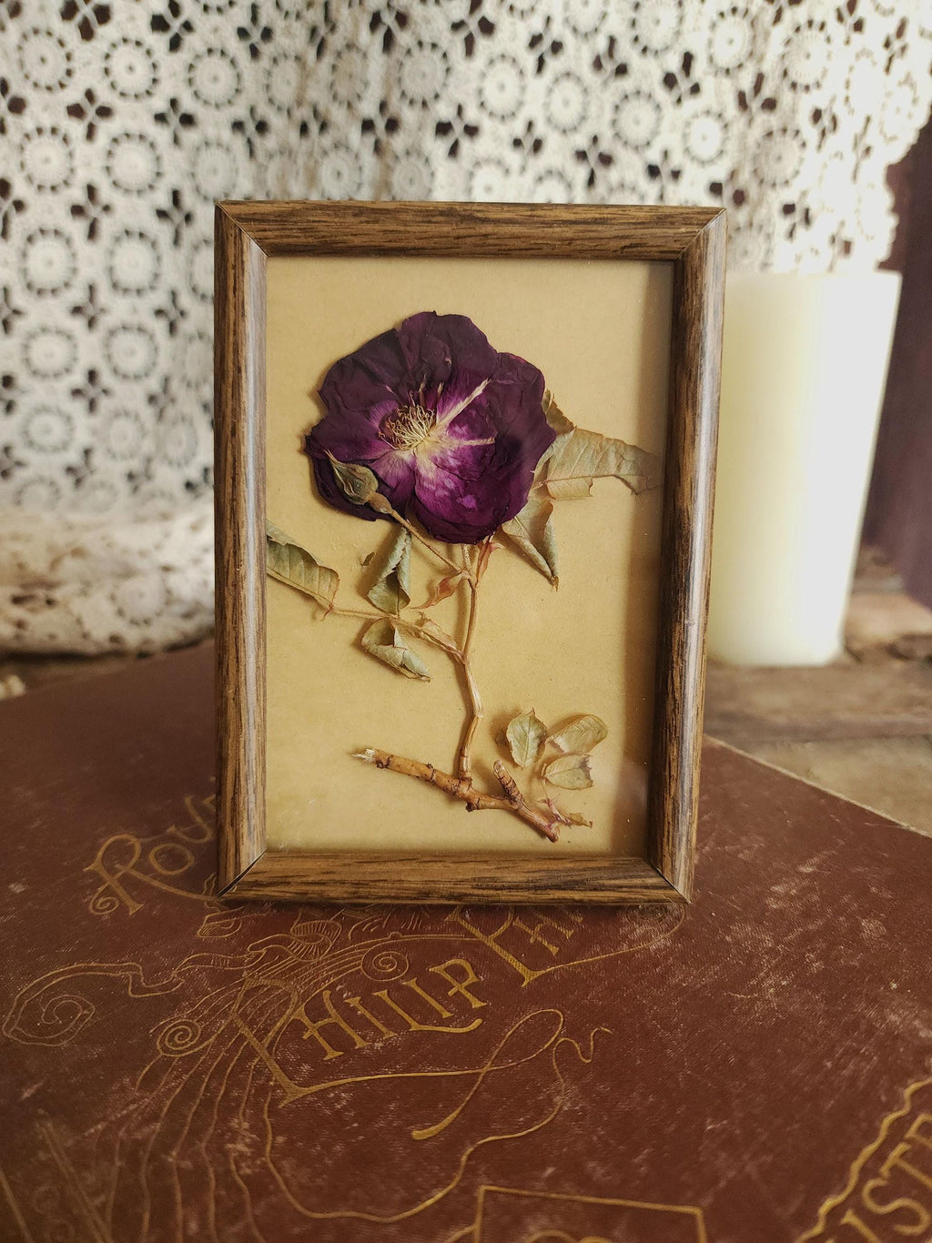 Pressed Dried Homegrown Roses in Vintage 1980s Wood Frame