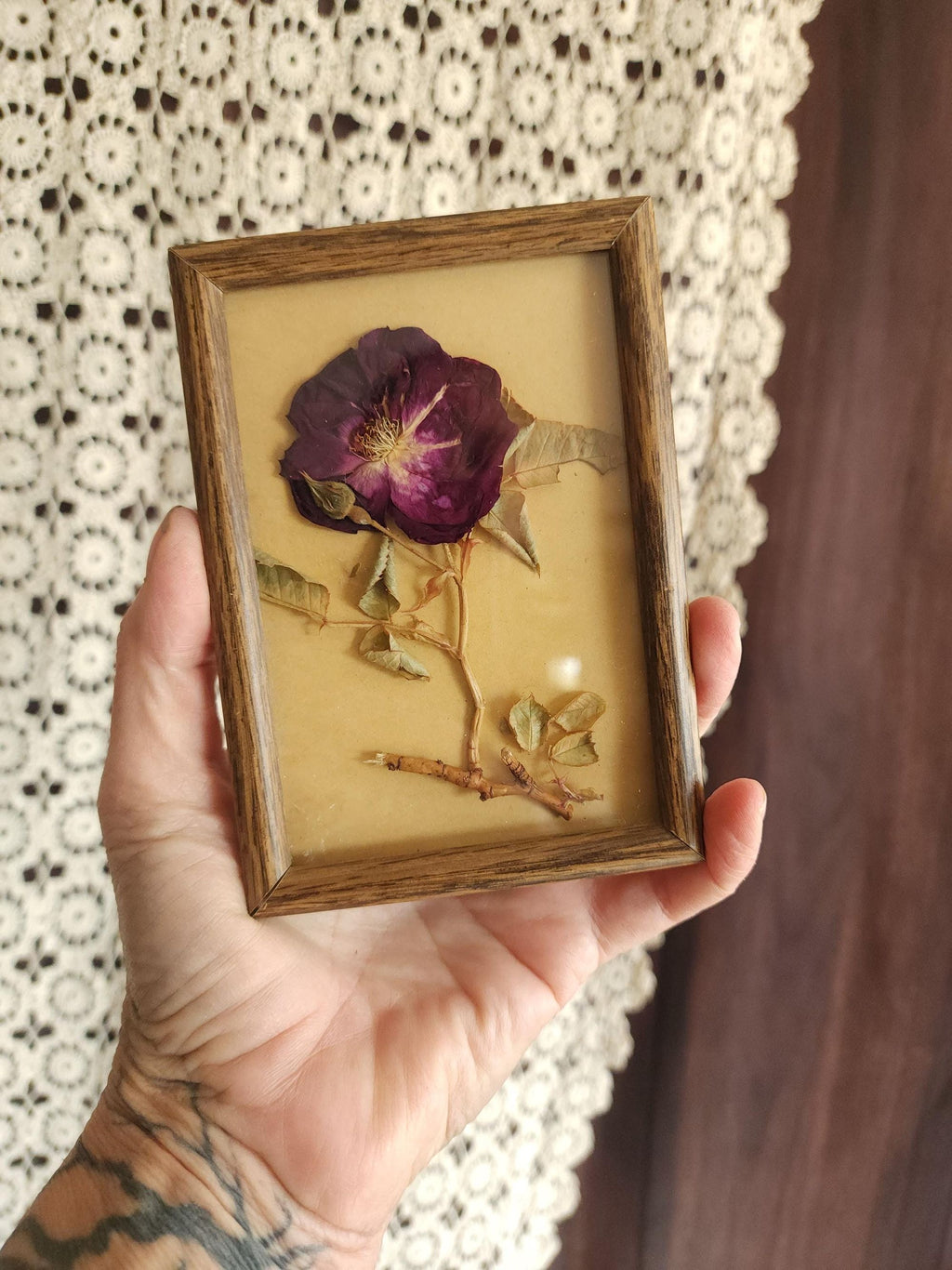 Pressed Dried Homegrown Roses in Vintage 1980s Wood Frame