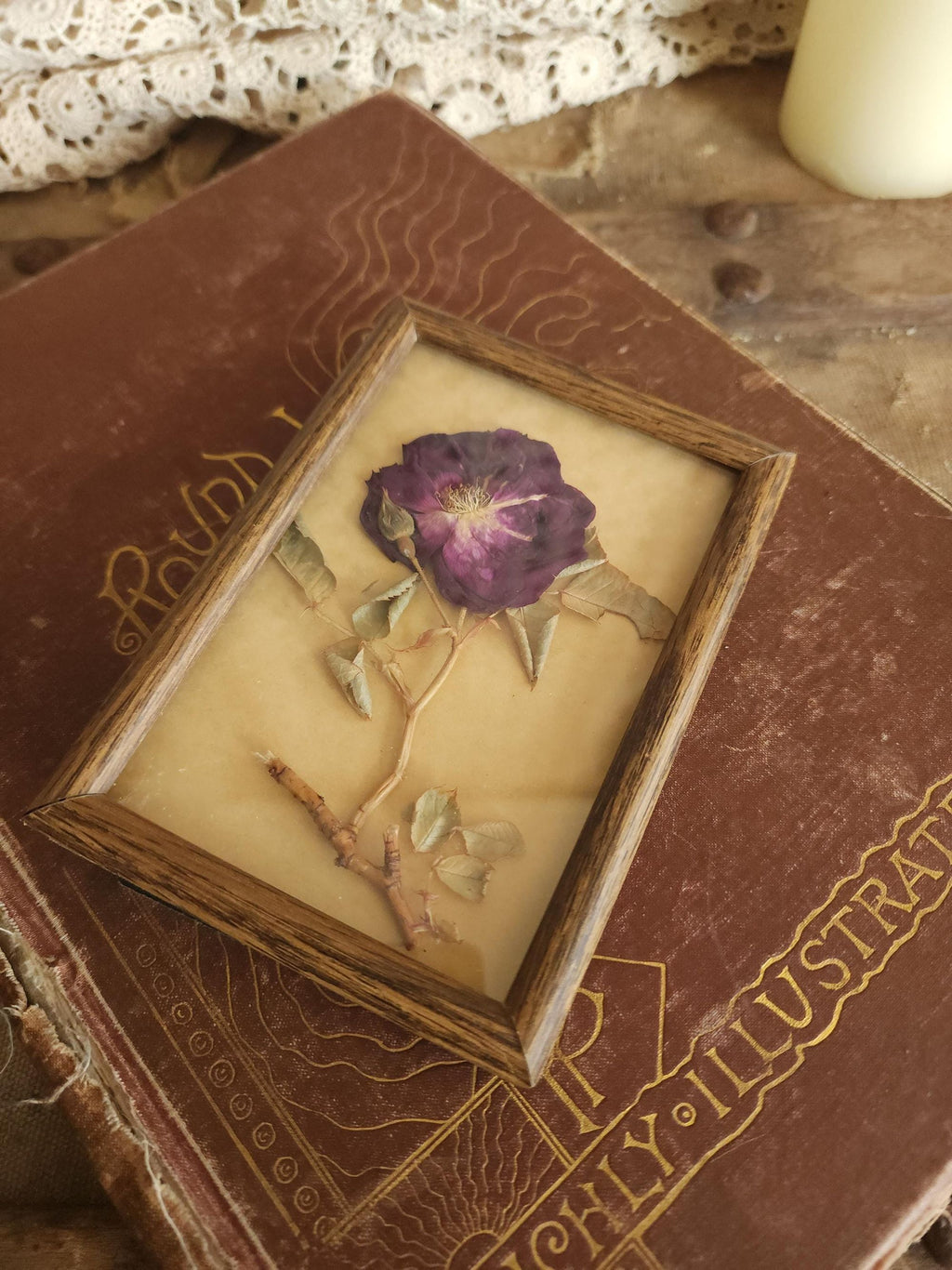 Pressed Dried Homegrown Roses in Vintage 1980s Wood Frame