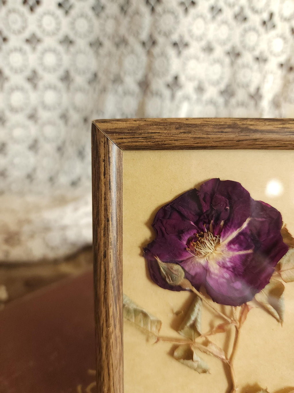 Pressed Dried Homegrown Roses in Vintage 1980s Wood Frame