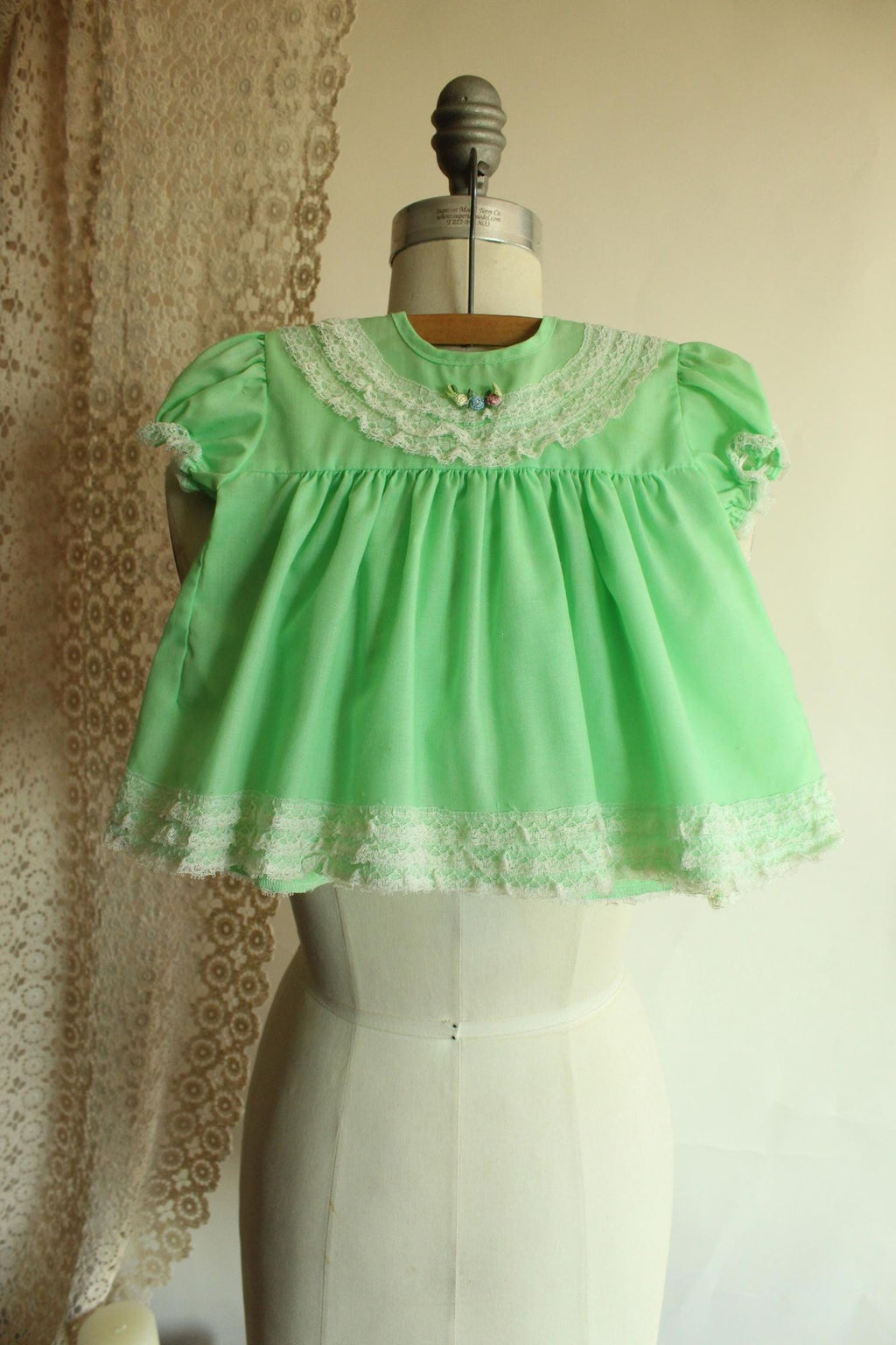 Vintage Green Baby Dress with Lace Trim
