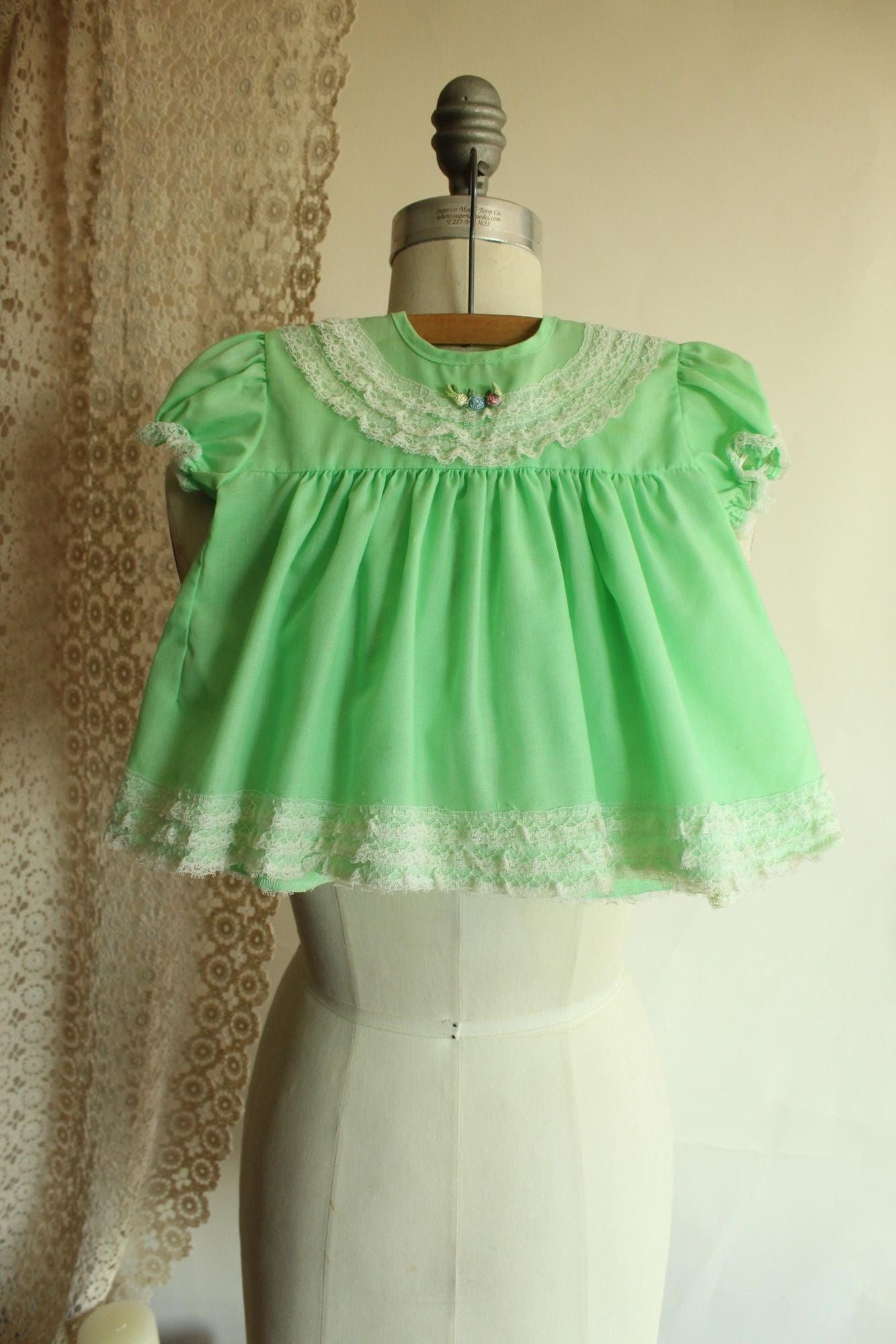Vintage Green Baby Dress with Lace Trim