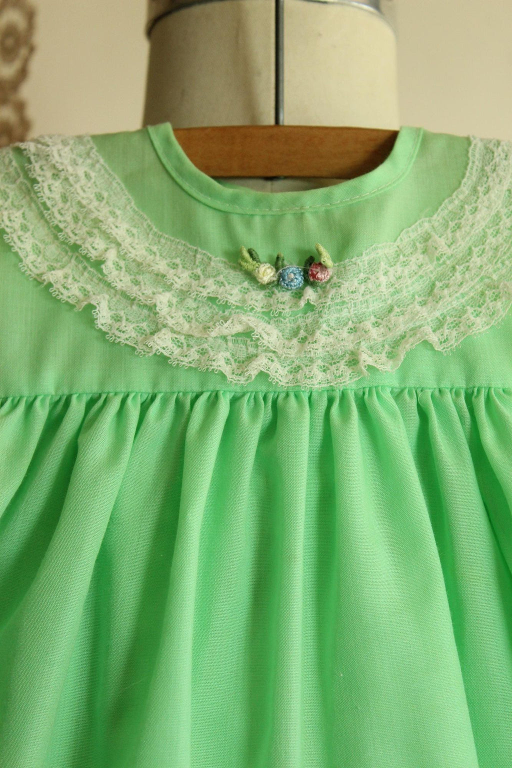 Vintage Green Baby Dress with Lace Trim