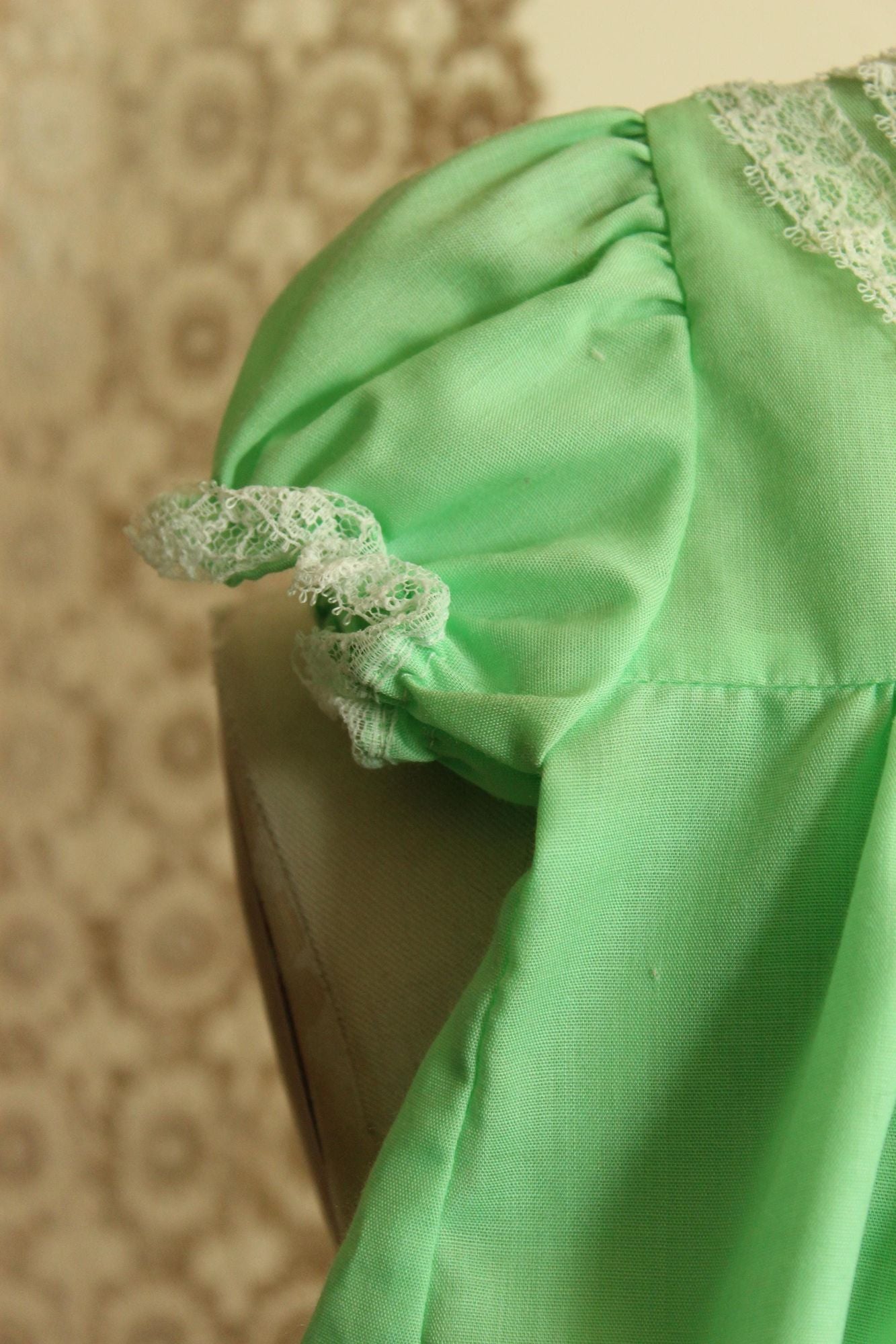 Vintage Green Baby Dress with Lace Trim