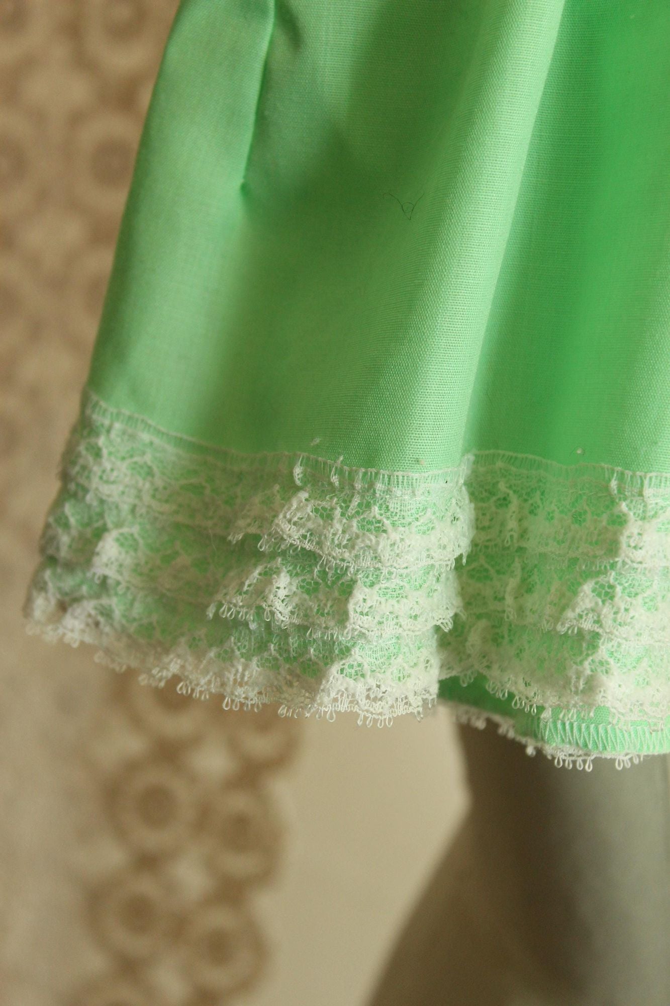 Vintage Green Baby Dress with Lace Trim