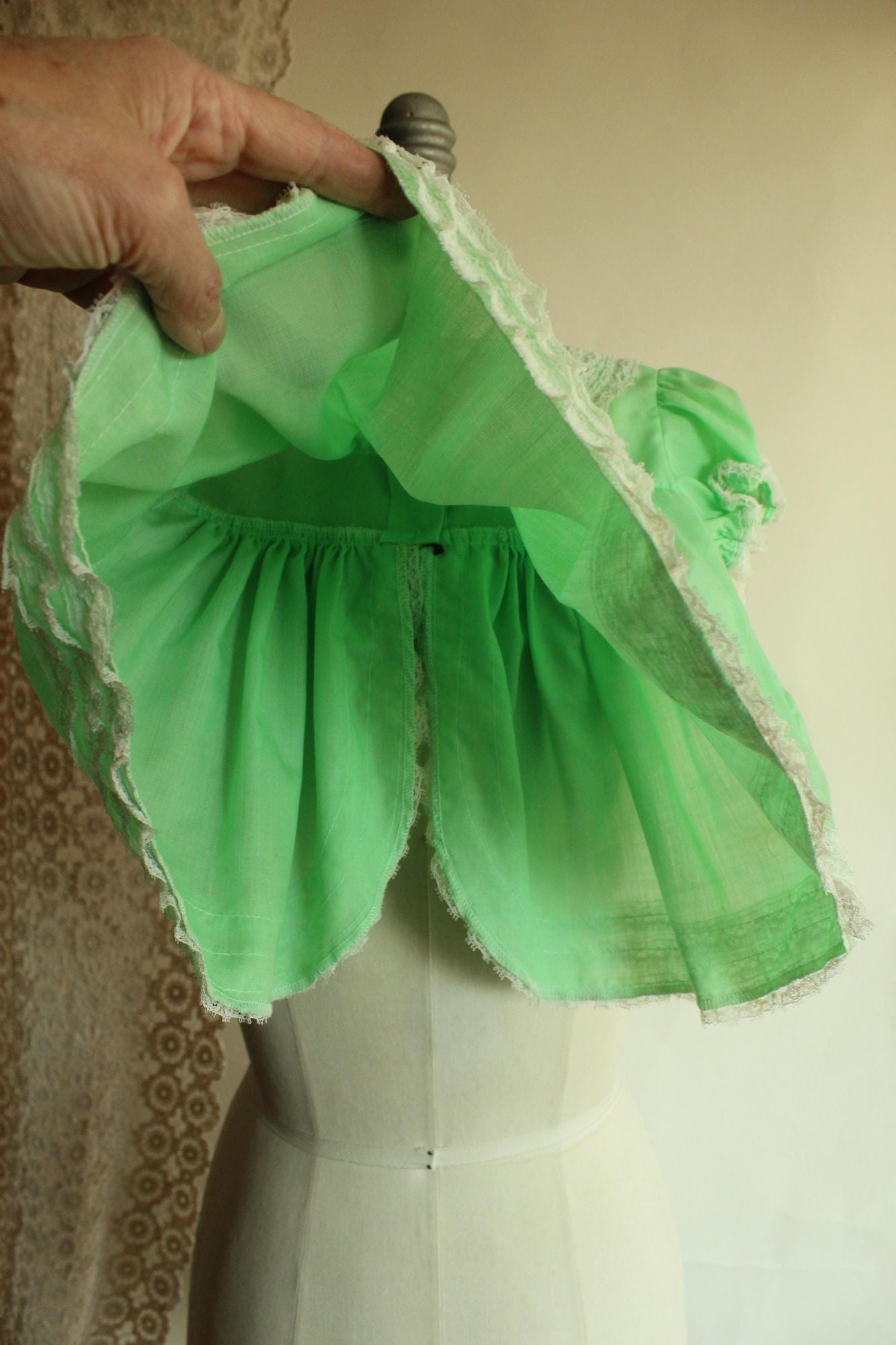 Vintage Green Baby Dress with Lace Trim