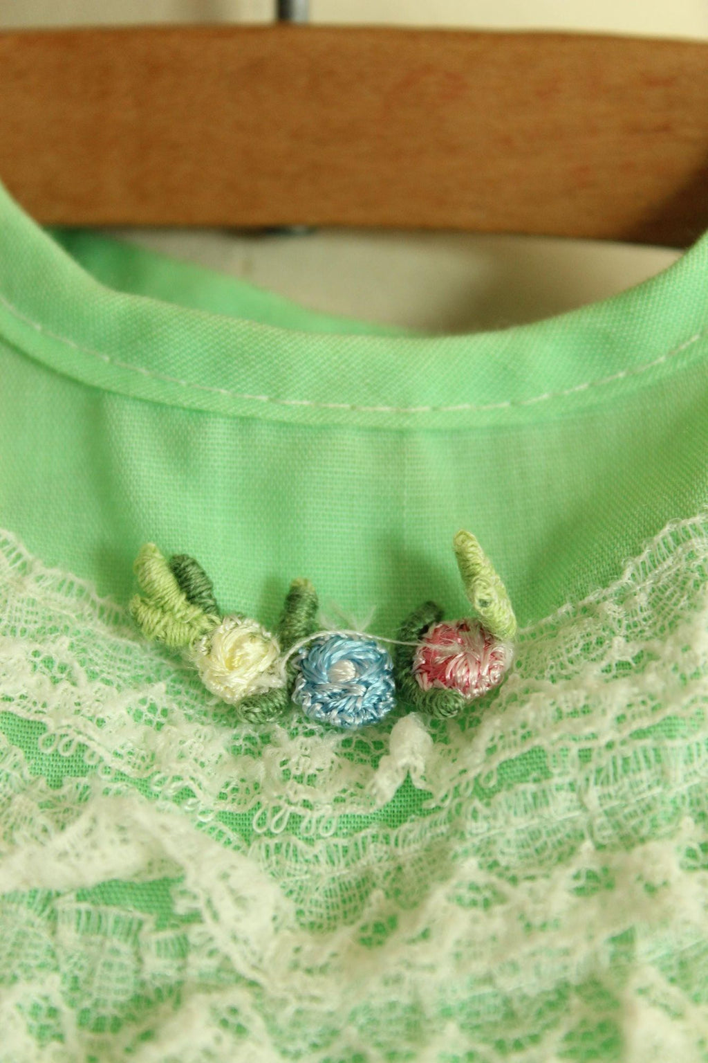 Vintage Green Baby Dress with Lace Trim