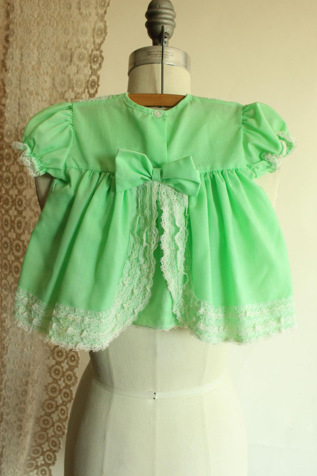 Vintage Green Baby Dress with Lace Trim