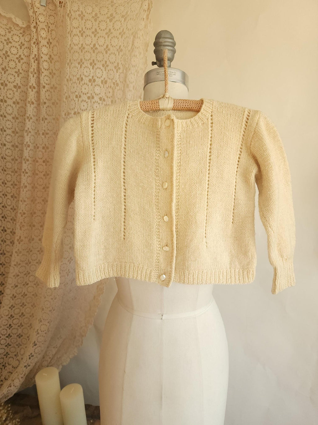 Vintage 1950s Ivory Wool Eyelet Knit Baby Cardigan Sweater