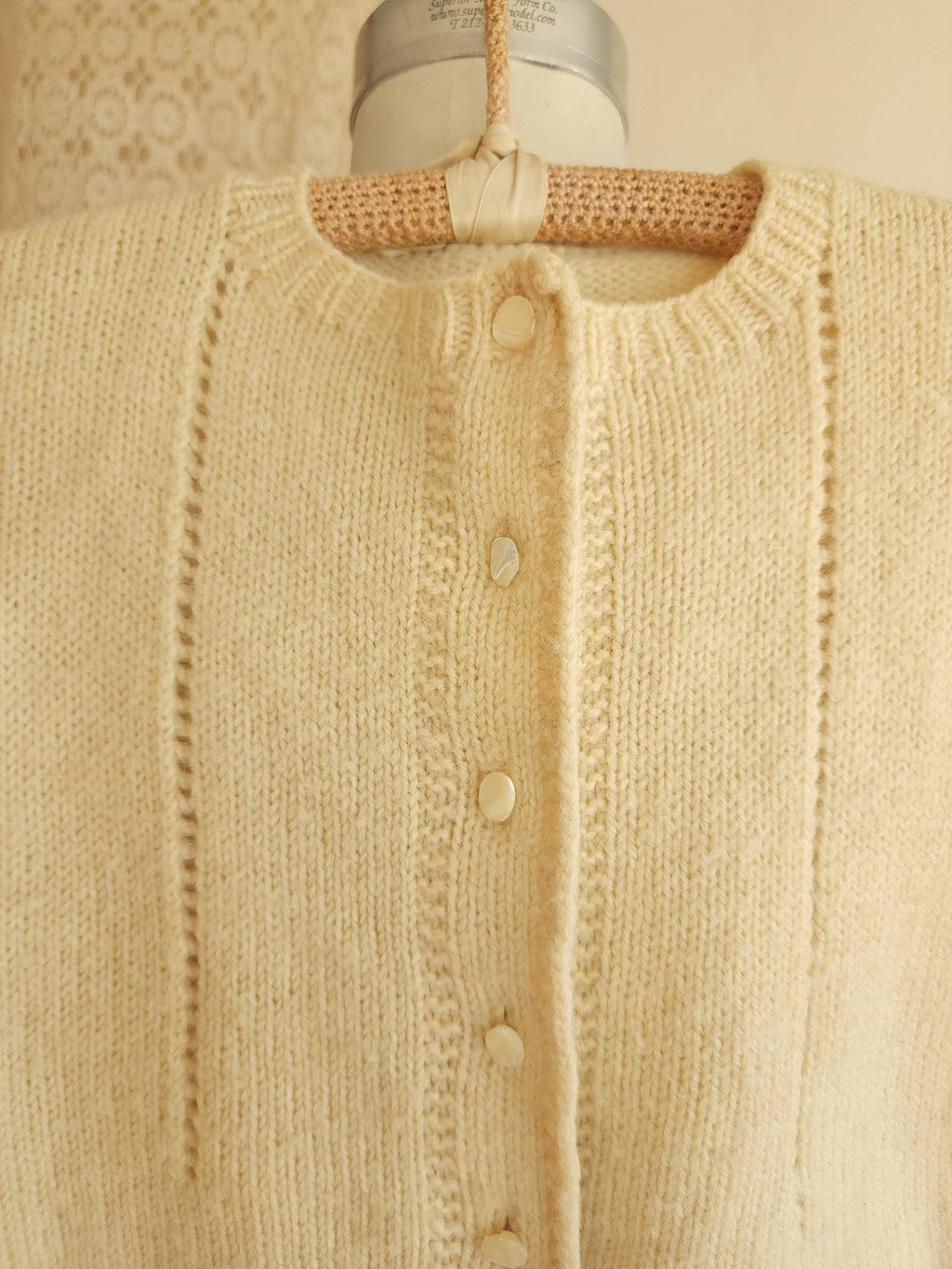 Vintage 1950s Ivory Wool Eyelet Knit Baby Cardigan Sweater