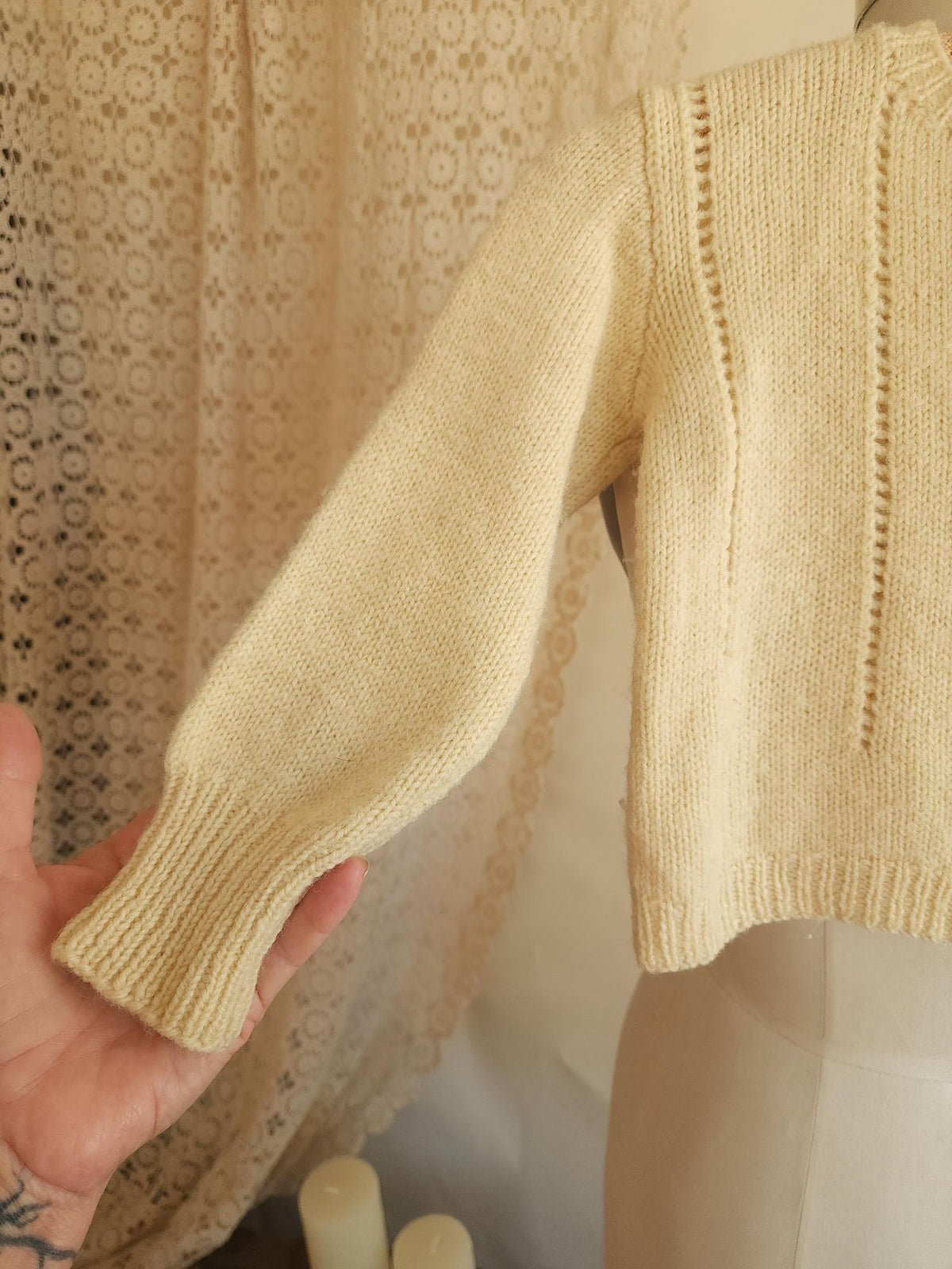 Vintage 1950s Ivory Wool Eyelet Knit Baby Cardigan Sweater