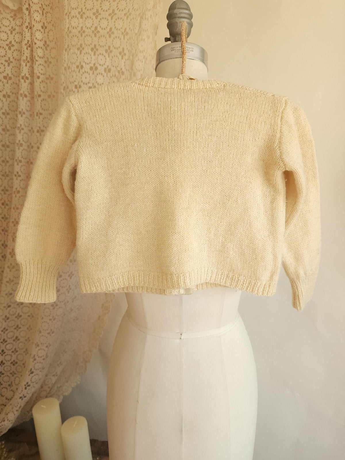 Vintage 1950s Ivory Wool Eyelet Knit Baby Cardigan Sweater