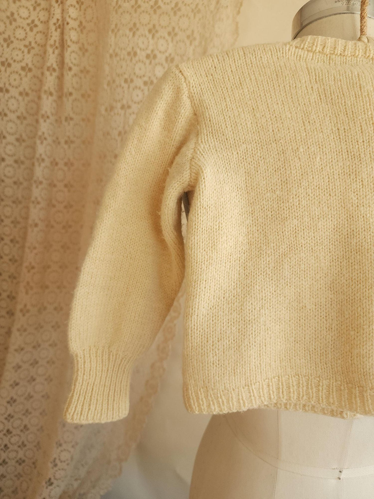 Vintage 1950s Ivory Wool Eyelet Knit Baby Cardigan Sweater
