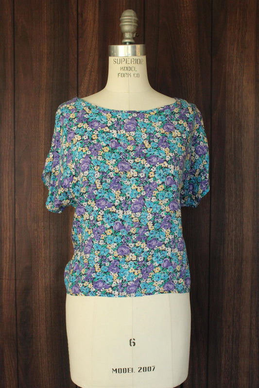 Vintage 1980s Blue and Purple Floral Print Top