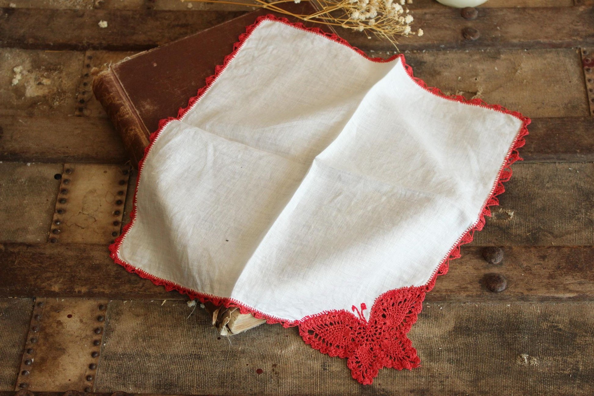 Vintage Red Butterfly Crochet Handkerchief with Lace Trim