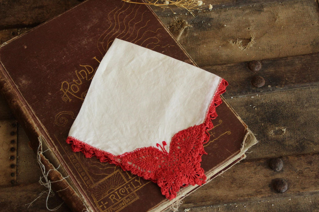 Vintage Red Butterfly Crochet Handkerchief with Lace Trim