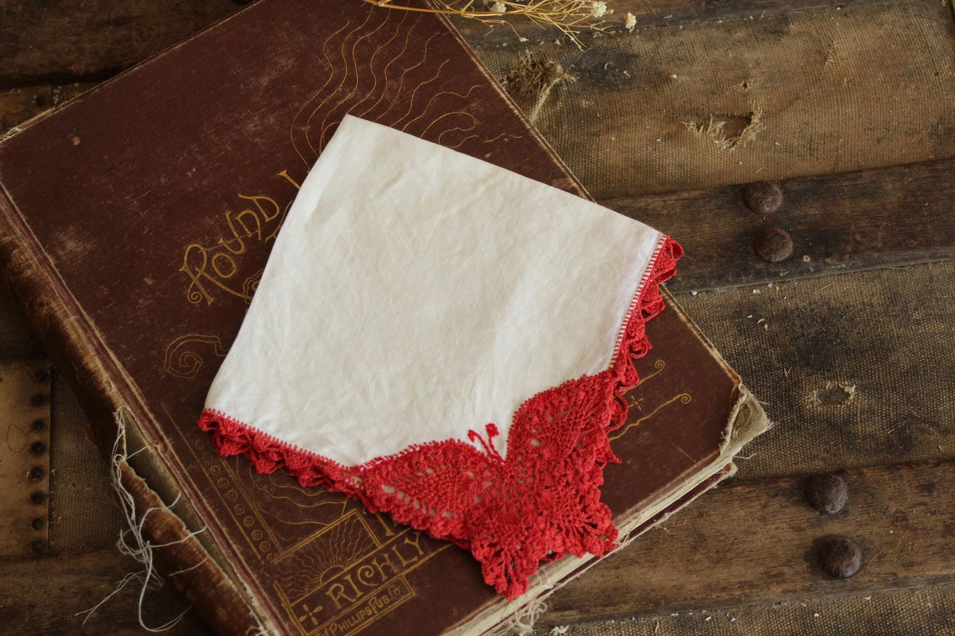 Vintage Red Butterfly Crochet Handkerchief with Lace Trim