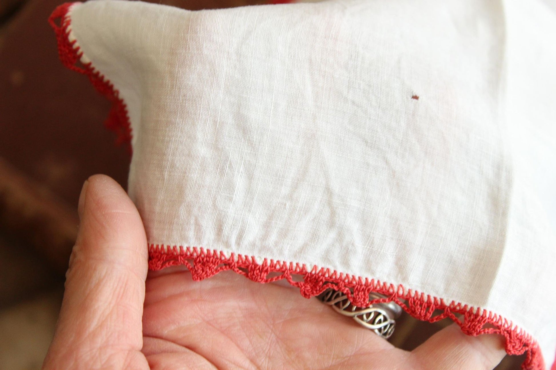 Vintage Red Butterfly Crochet Handkerchief with Lace Trim