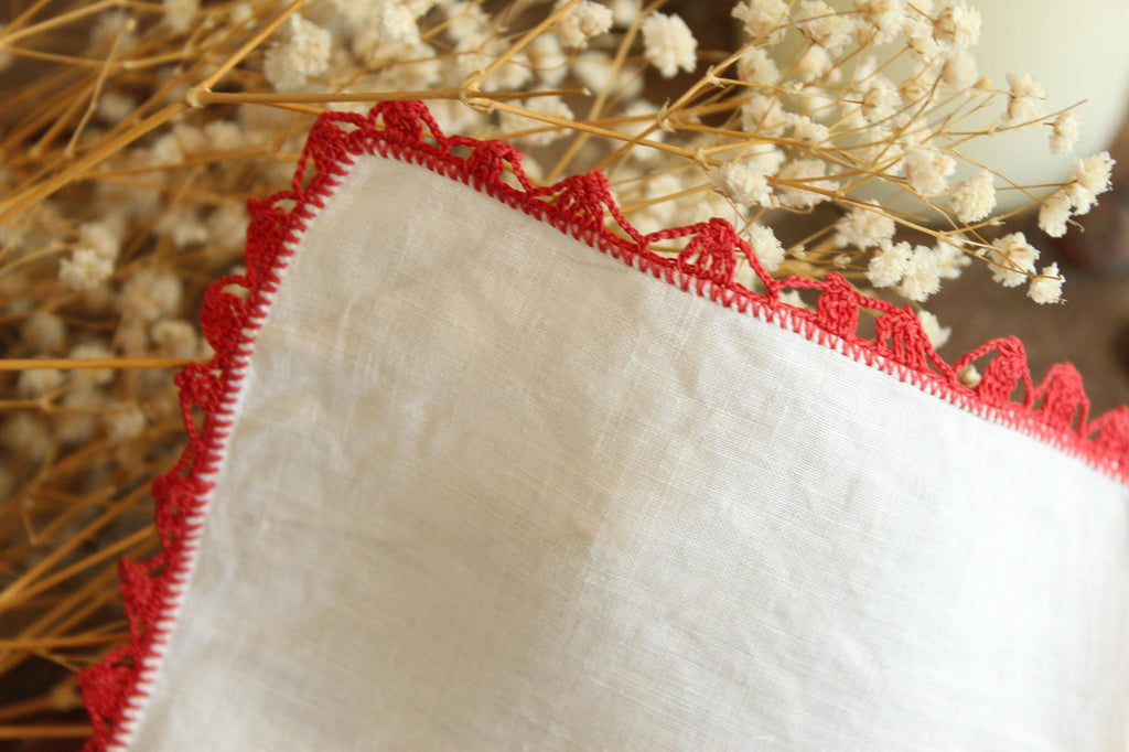 Vintage Red Butterfly Crochet Handkerchief with Lace Trim