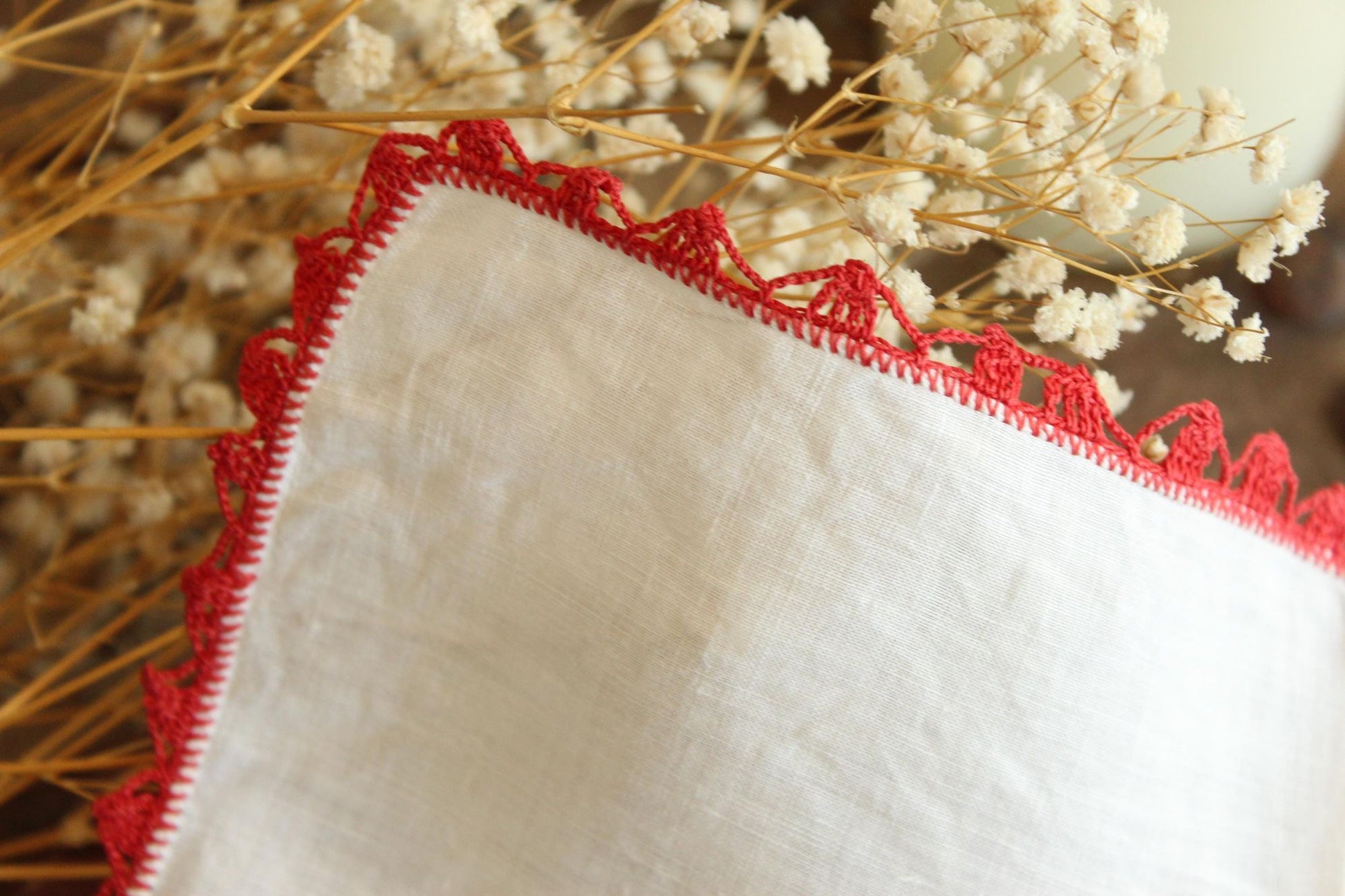 Vintage Red Butterfly Crochet Handkerchief with Lace Trim