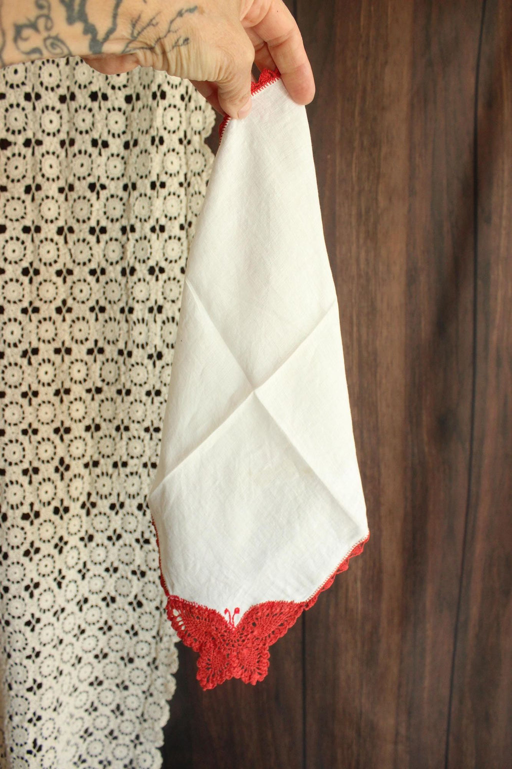 Vintage Red Butterfly Crochet Handkerchief with Lace Trim