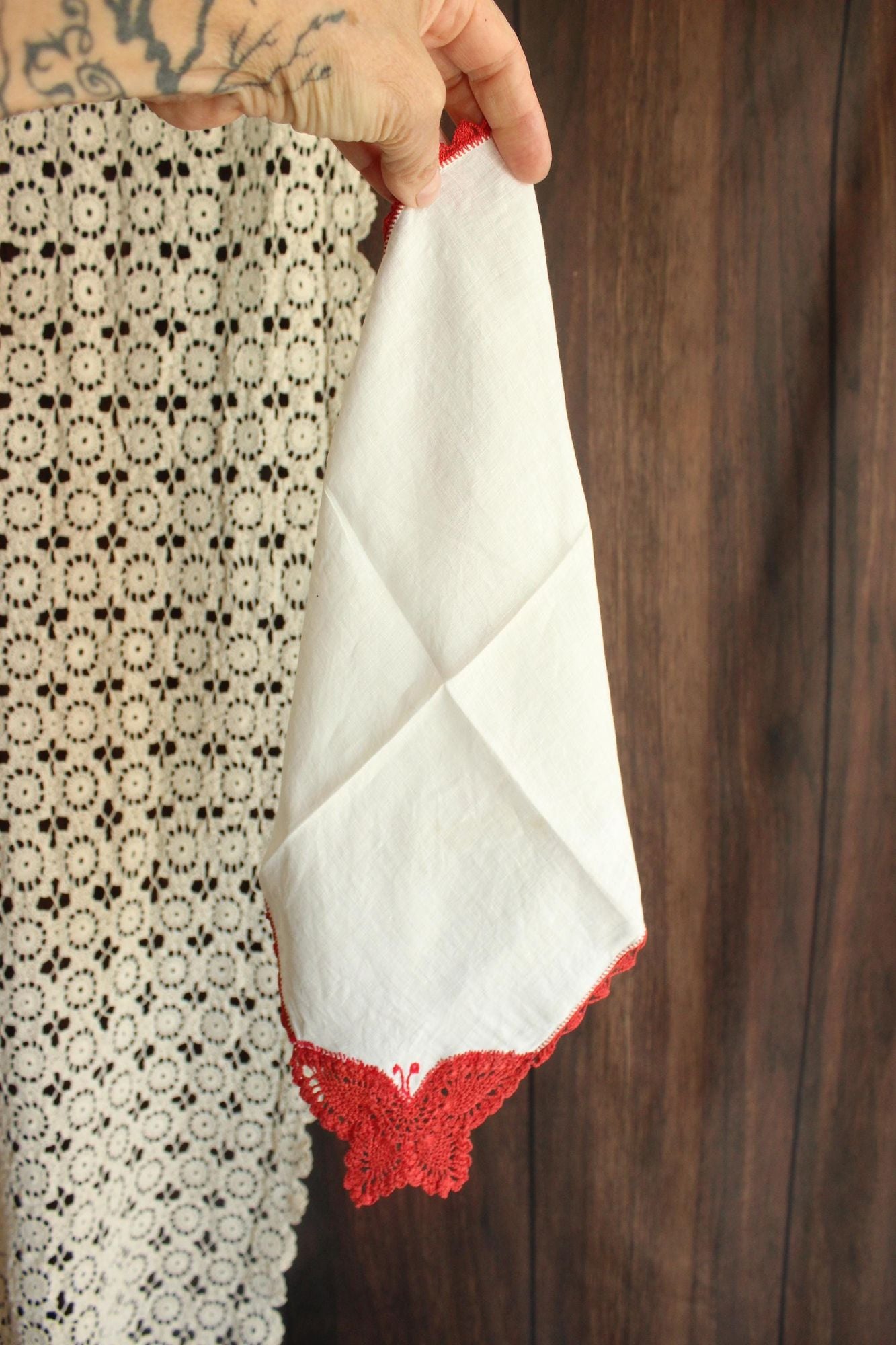 Vintage Red Butterfly Crochet Handkerchief with Lace Trim