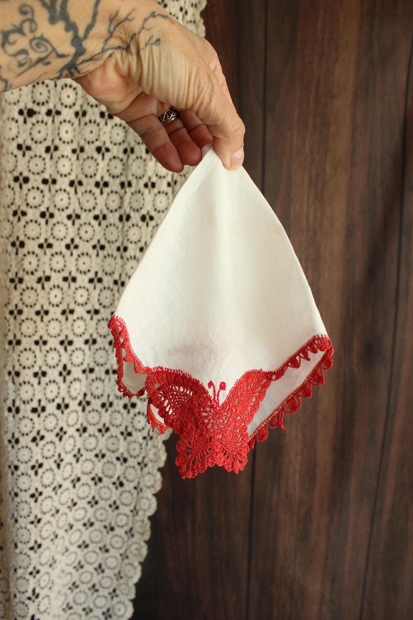 Vintage Red Butterfly Crochet Handkerchief with Lace Trim