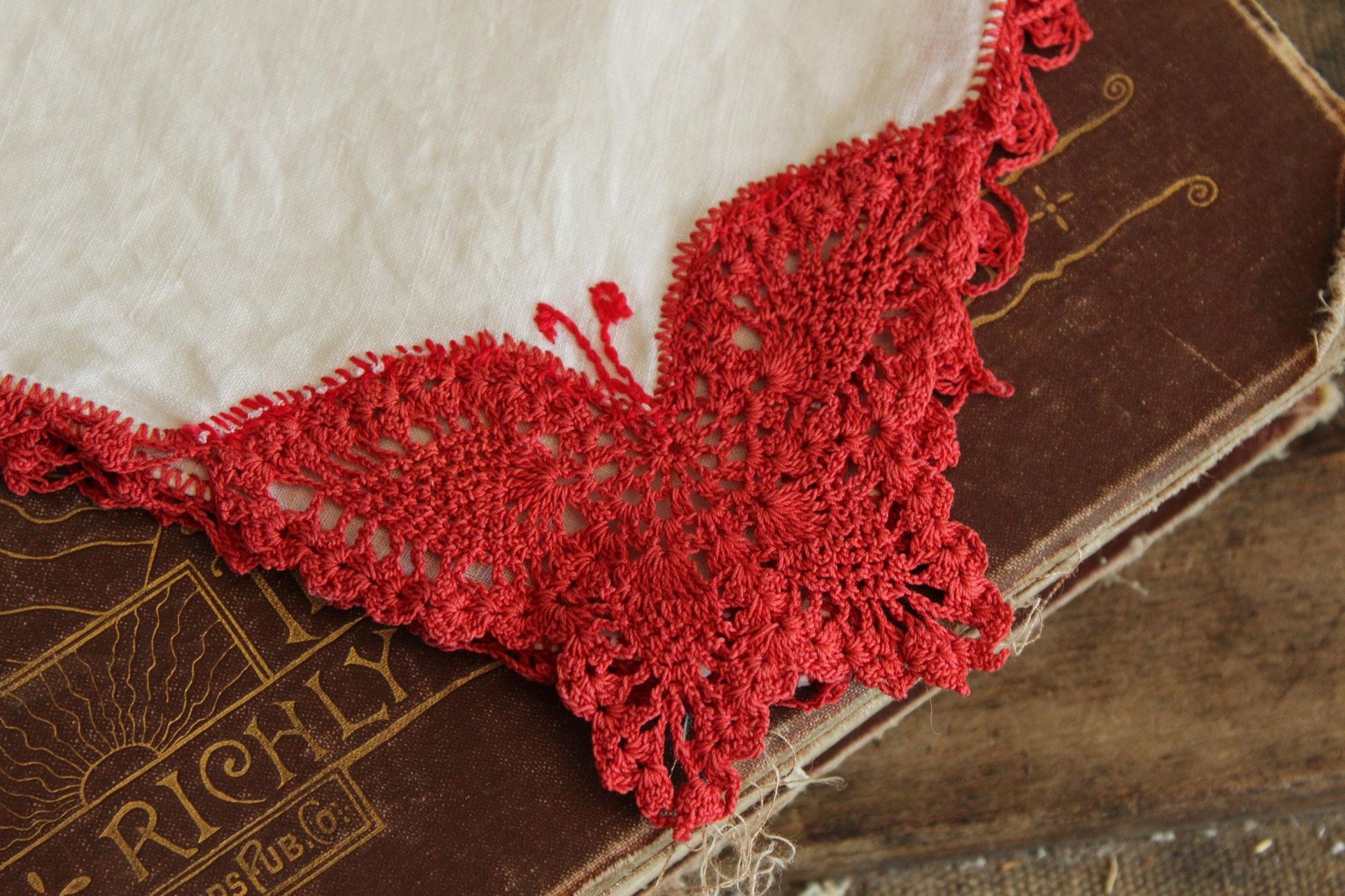 Vintage Red Butterfly Crochet Handkerchief with Lace Trim