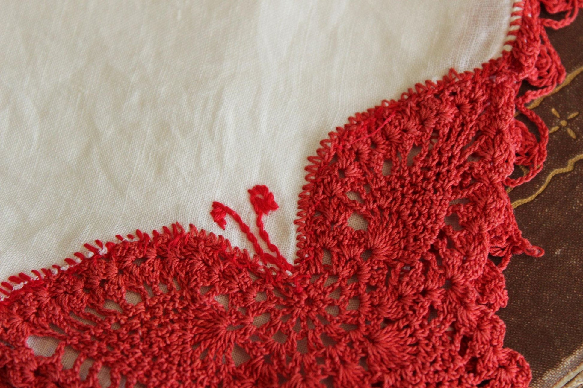 Vintage Red Butterfly Crochet Handkerchief with Lace Trim