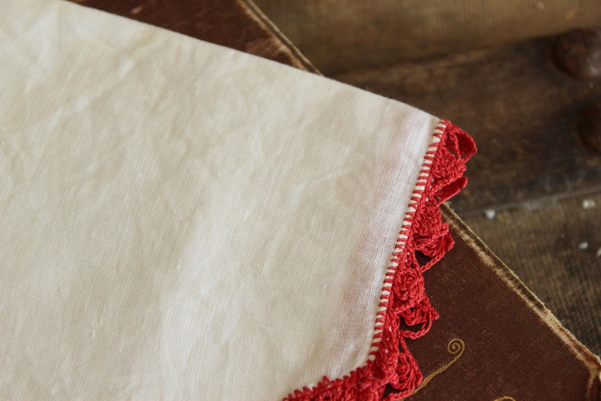 Vintage Red Butterfly Crochet Handkerchief with Lace Trim