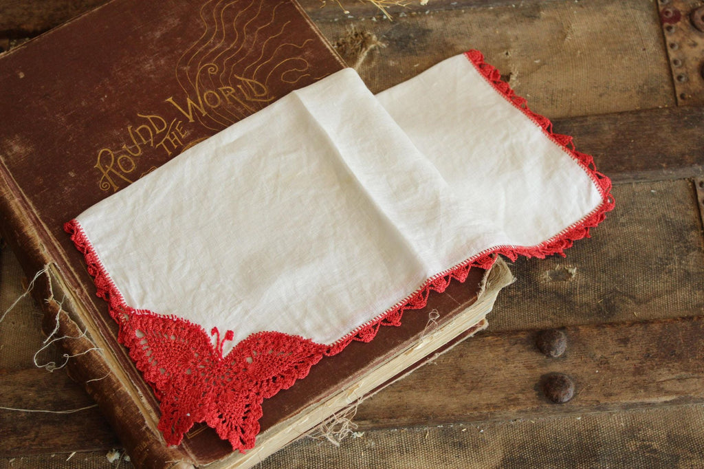 Vintage Red Butterfly Crochet Handkerchief with Lace Trim