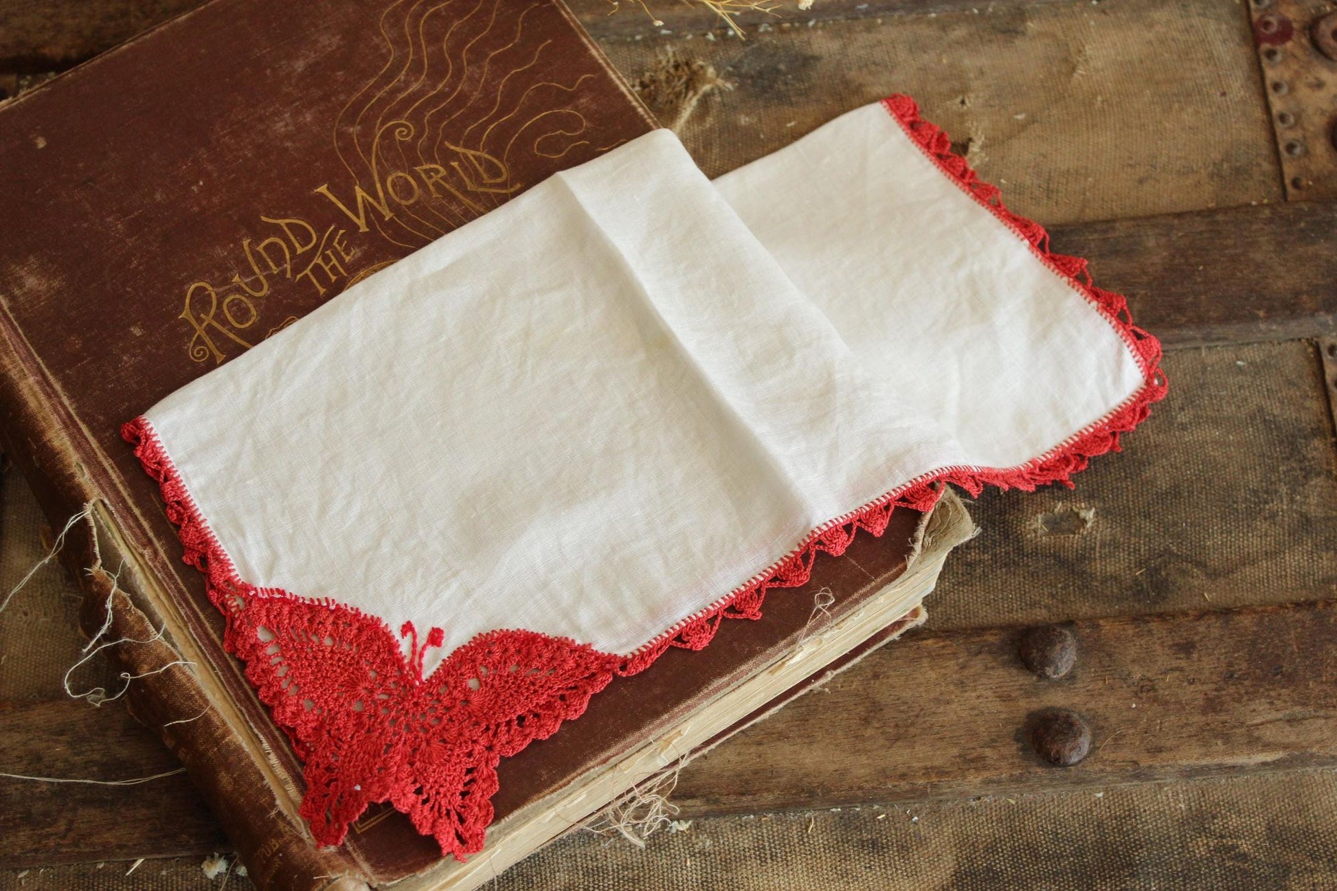 Vintage Red Butterfly Crochet Handkerchief with Lace Trim