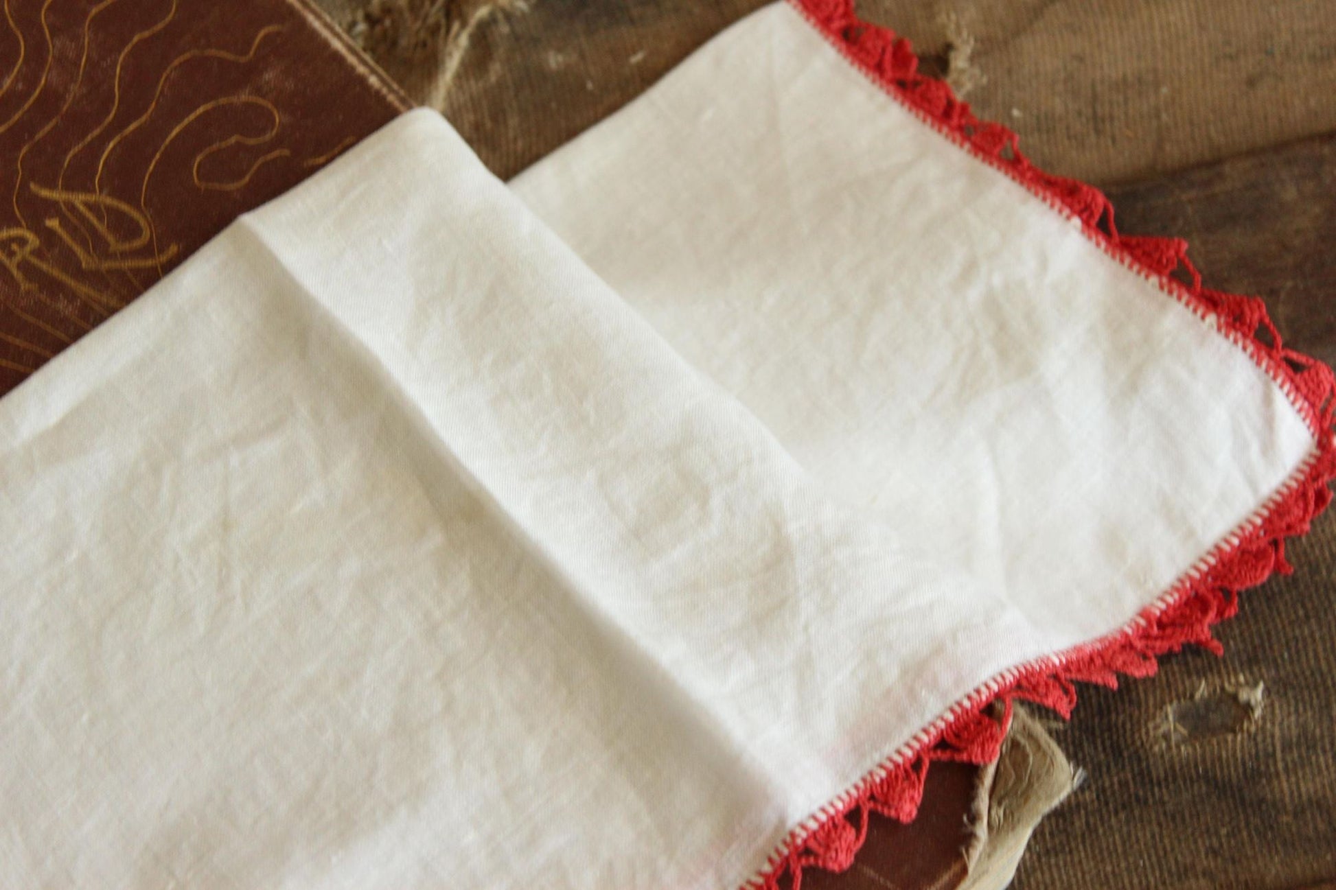 Vintage Red Butterfly Crochet Handkerchief with Lace Trim