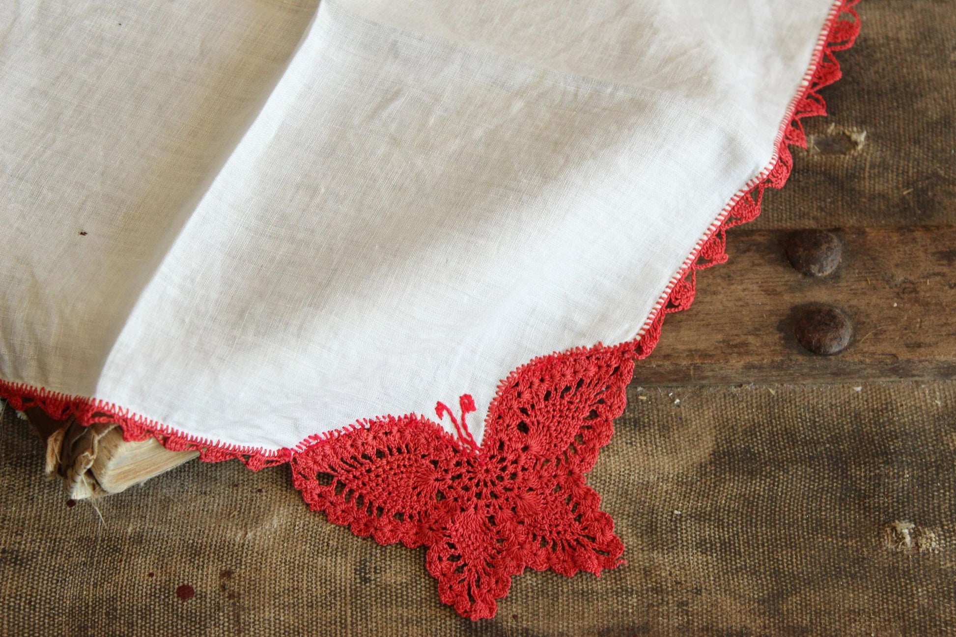 Vintage Red Butterfly Crochet Handkerchief with Lace Trim