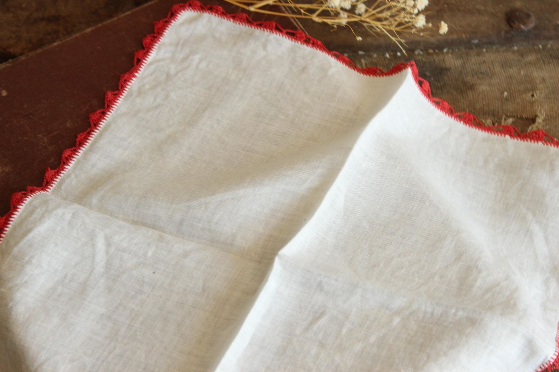 Vintage Red Butterfly Crochet Handkerchief with Lace Trim
