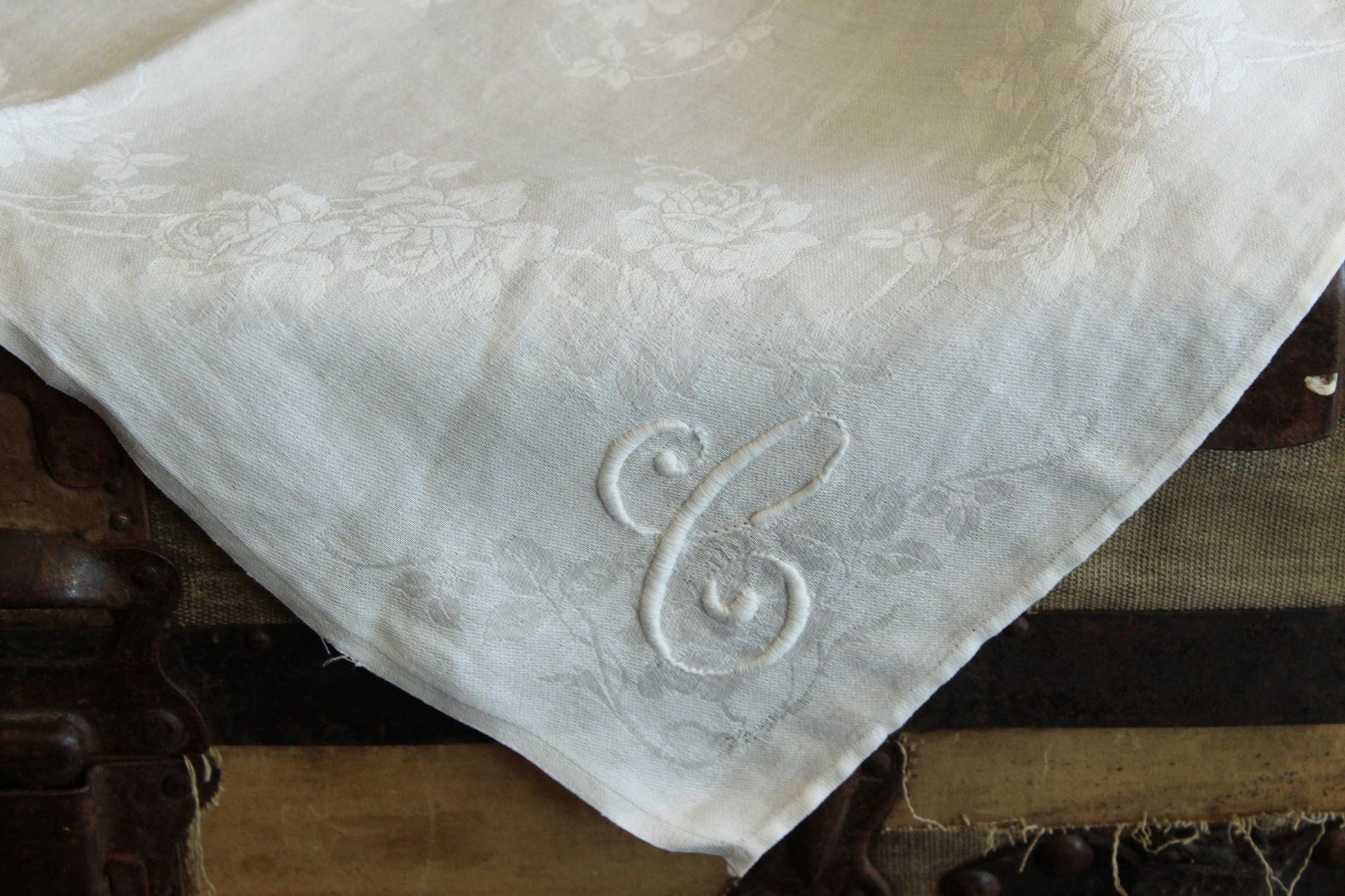 Vintage 1930s Napkin in White Flax Linen Damask Monogrammed with Embroidered C
