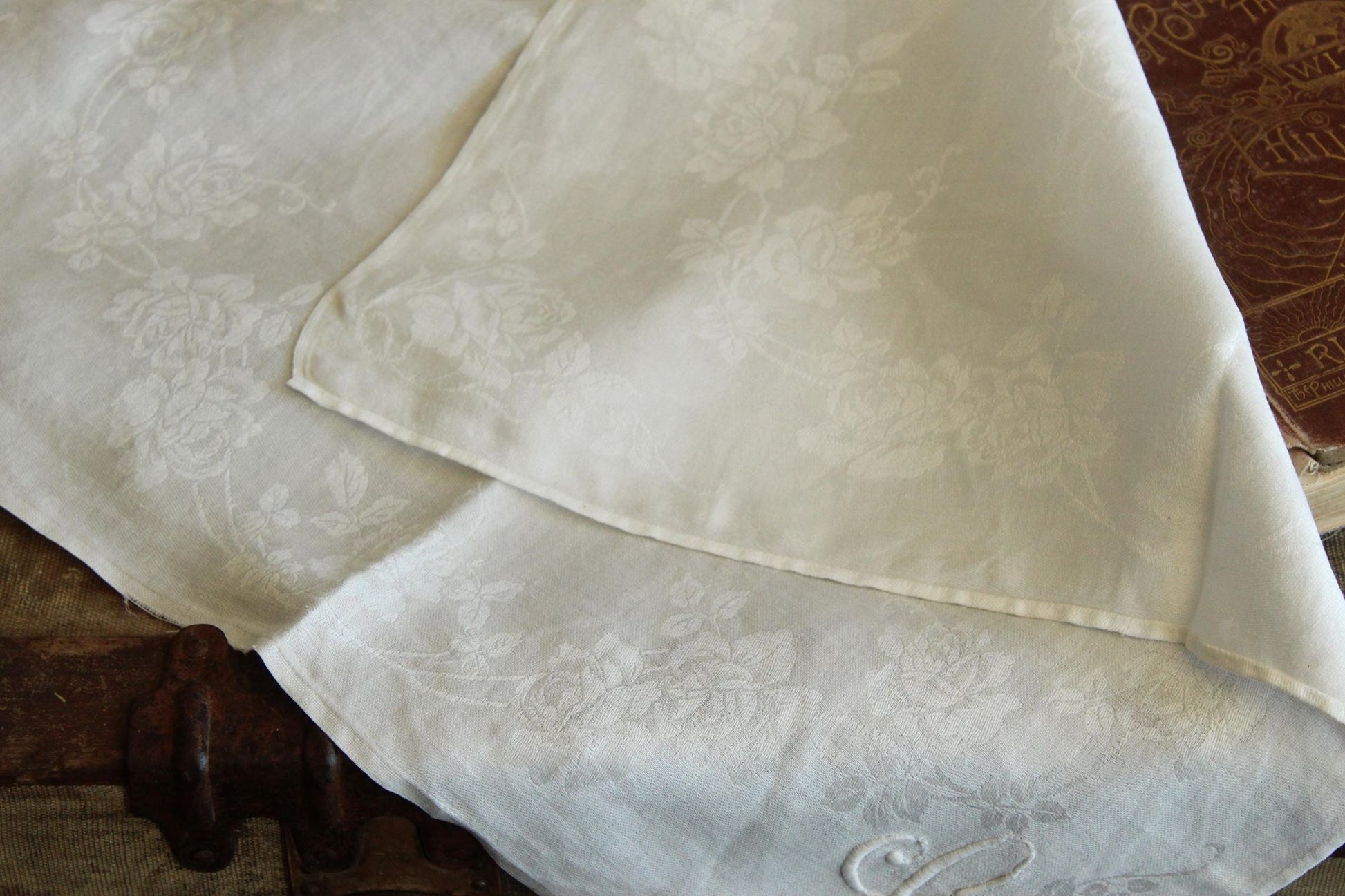Vintage 1930s Napkin in White Flax Linen Damask Monogrammed with Embroidered C