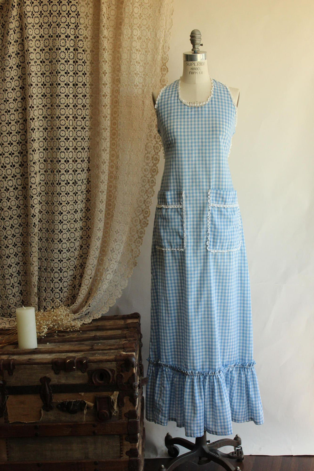 Vintage 1970s Blue Gingham Prairie Maxidress