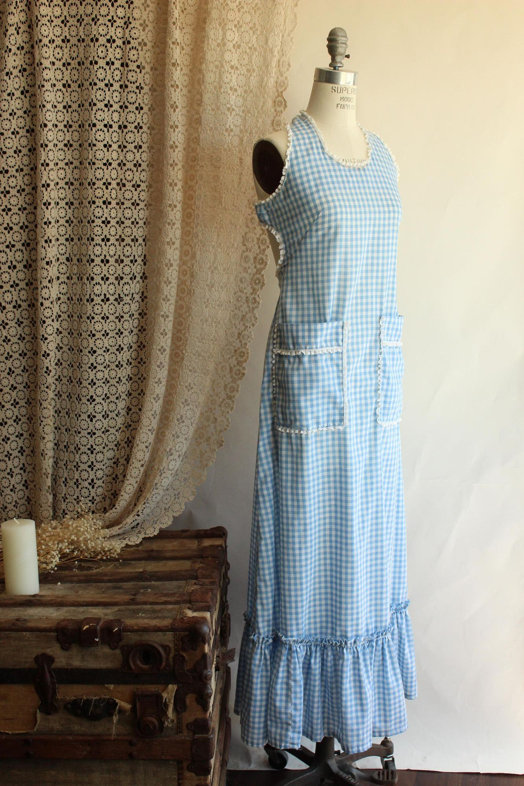 Vintage 1970s Blue Gingham Prairie Maxidress