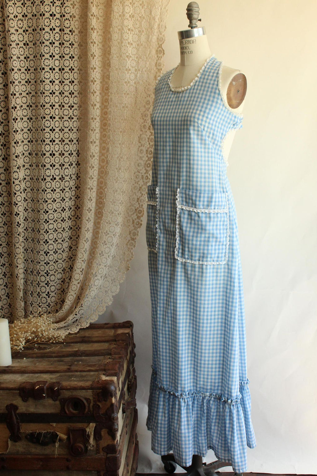 Vintage 1970s Blue Gingham Prairie Maxidress